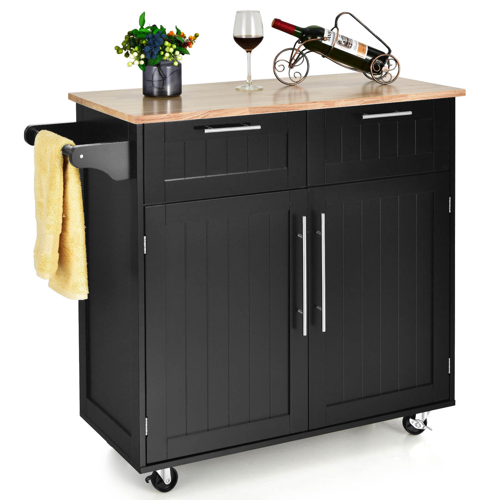 KÜCHENWAGEN servierwagen mit rollen Schwarz - Schwarz, Holz (46/95/94cm) - COSTWAY