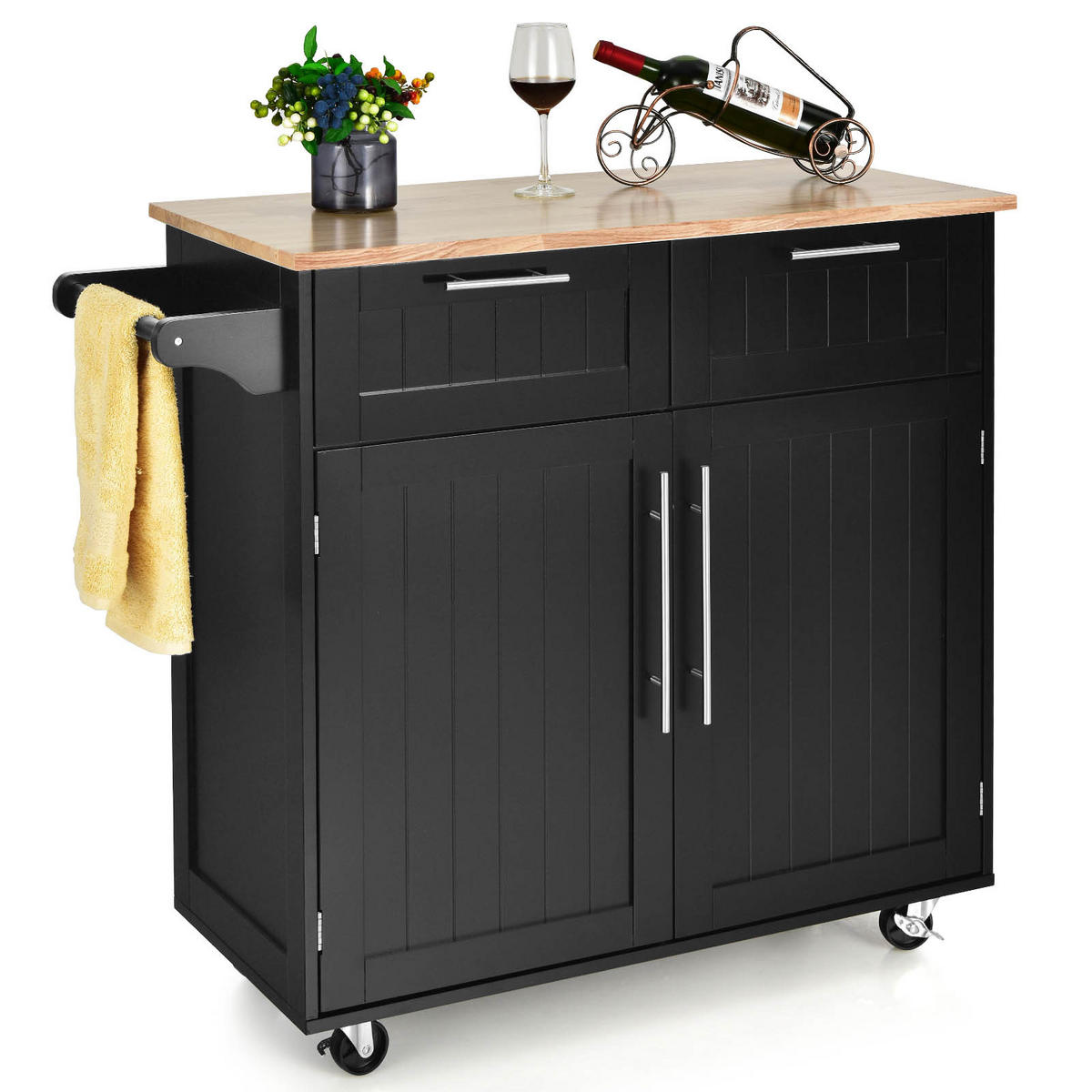 KÜCHENWAGEN servierwagen mit rollen Schwarz - Schwarz, Holz (46/95/94cm) - COSTWAY