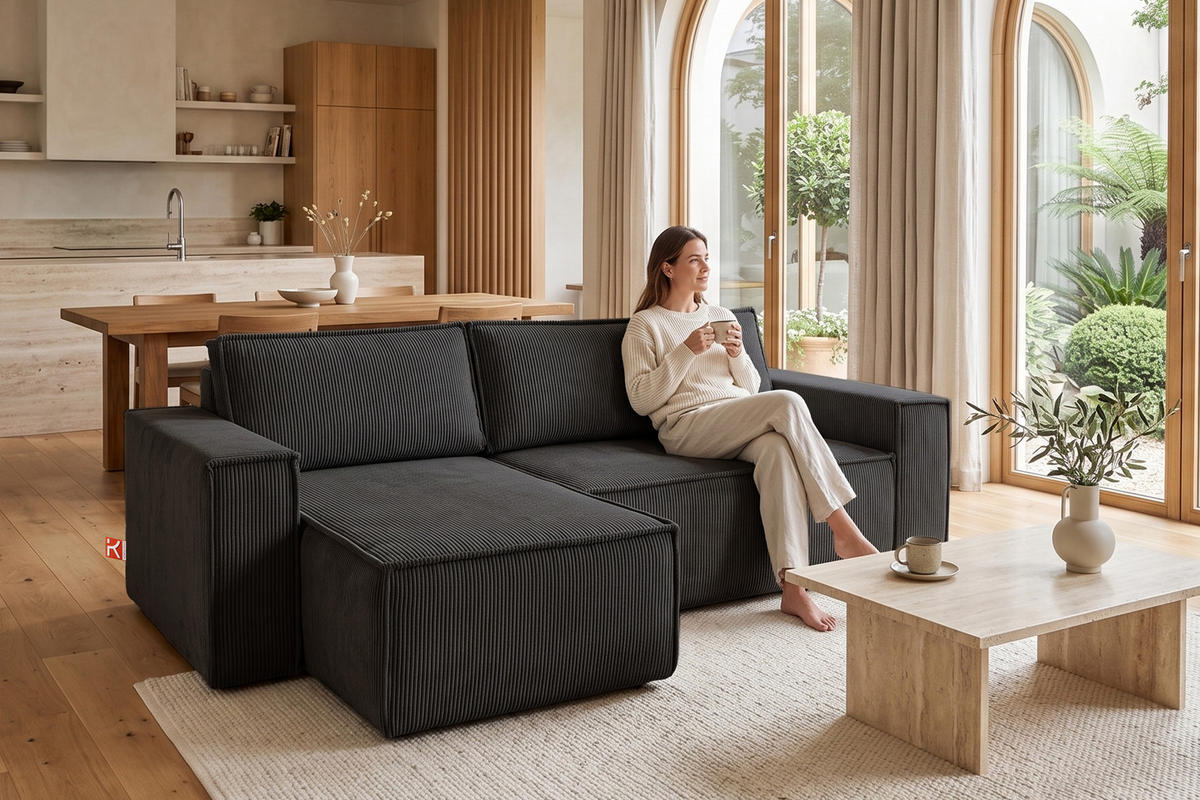 ECKSOFA-LINKS/RECHTS NAPI Schlaffunktion mit Cordbezug, dunkelgrau - Dunkelgrau/Schwarz, Textil (262/148cm) - KONSIMO®