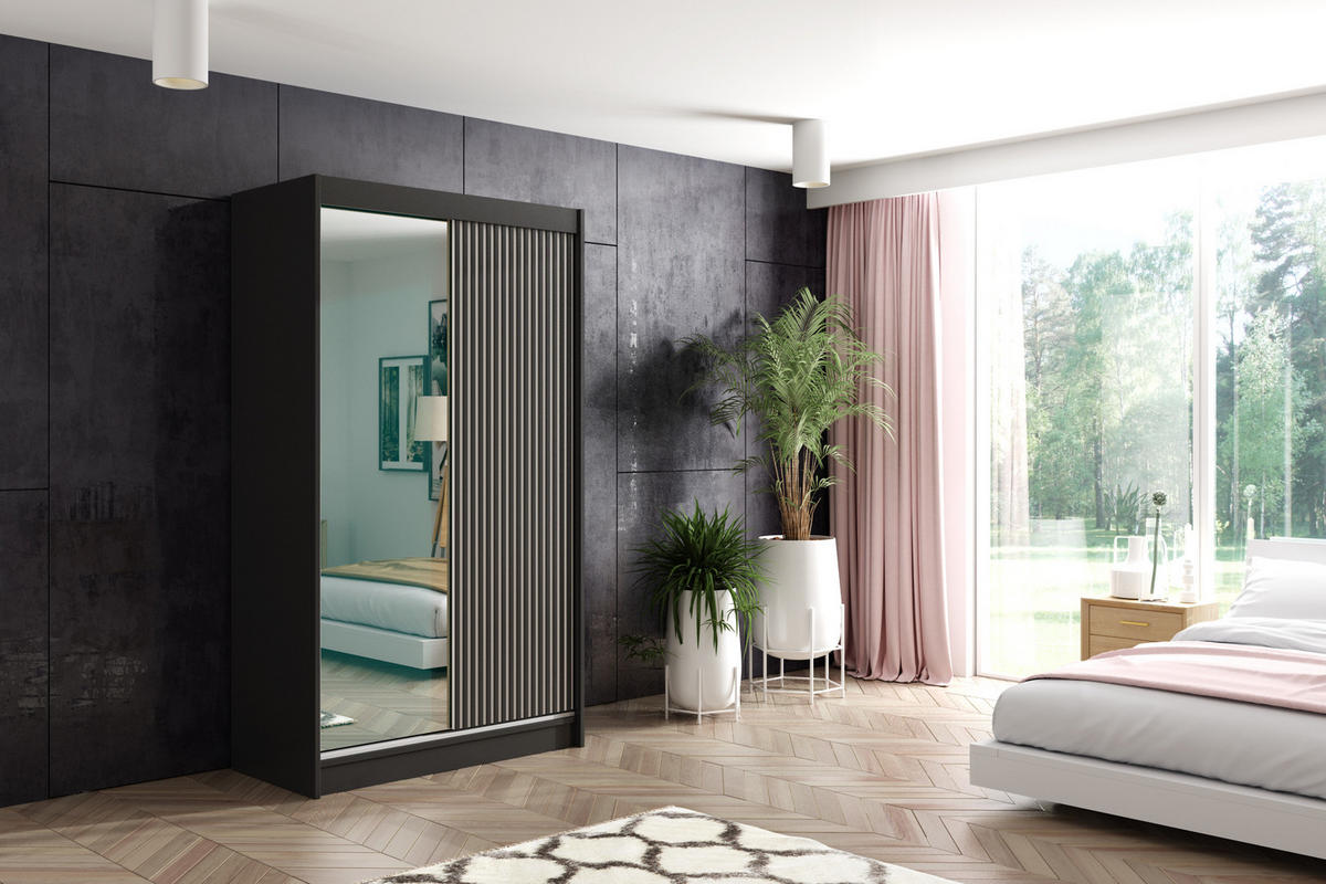 KLEIDERSCHRANK VILAN mit Spiegel - 120 cm - Schwarz - Schwarz, Holzwerkstoff (120/215/61cm) - ALTDECOR