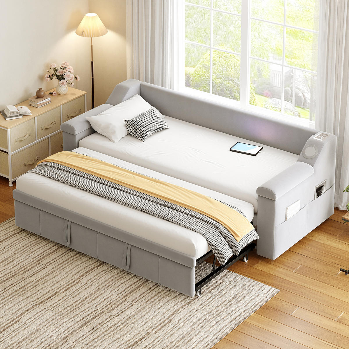 ROZKLÁDACÍ pohovka 90/190 cm šedá z veluru s Bluetooth a USB nabíjením - béžová, textil (90/190cm) - OKWISH