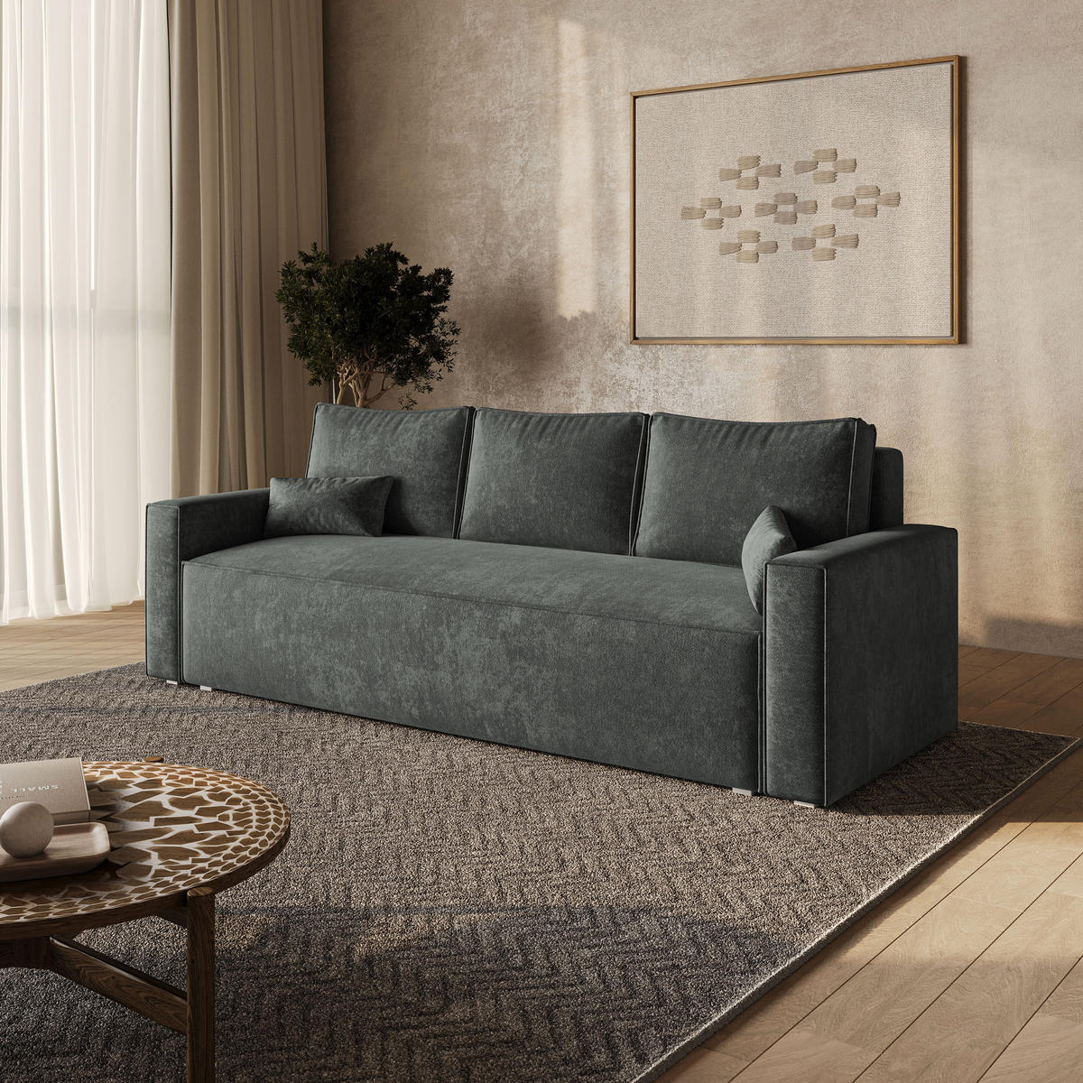 BETTSOFA MENI LM Grau Chenille-Stoff mit Schlaffunktion - Grau, Textil (232/85/87cm) - MASSENO