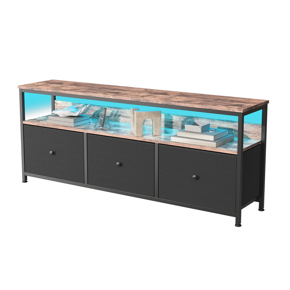 TV-LOWBOARD 137x29.8x57 cm - TV-Schrank mit LED-Beleuchtung und Stoffschubladen - Holz-Natur und Schwarz - Schwarz, Holzwerkstoff (29.8/57/137cm) - DELFA