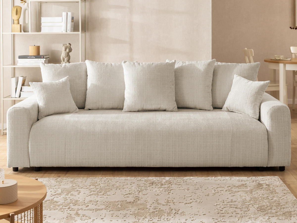 SCHLAFSOFA Calma mit Bettkasten im Bumpy-Design aus weichem Beige Chenille-Stoff - Beige/Schwarz, Holz/Kunststoff (239/88/98cm) - S-Style Möbel