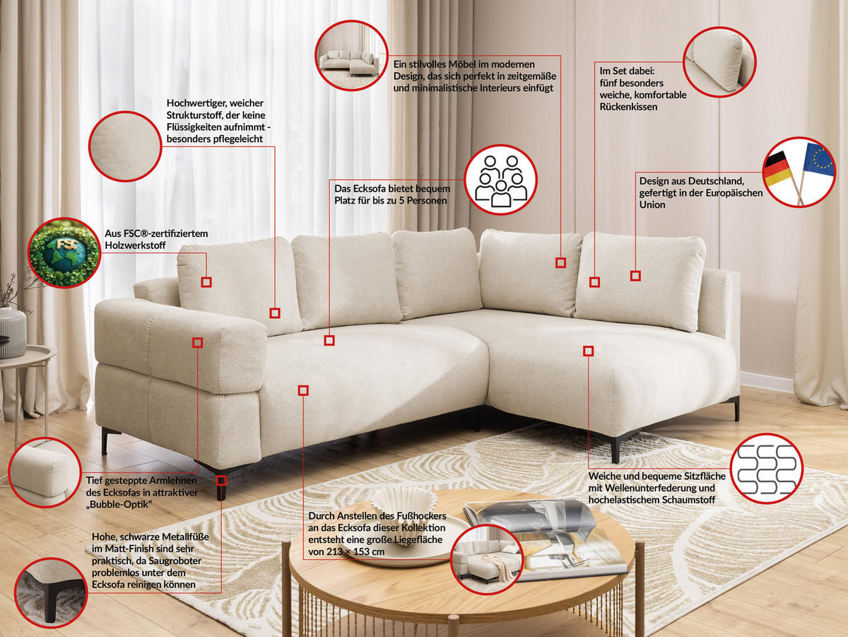 ECKSOFA inkl. Hocker Cardea mit Schlaffunktion in Bubble-Optik aus weichem Hellbeige Strukturstoff und hohem Sitzkomfort - Ottomane rechts - Beige/Schwarz, Holz/Textil (230/170cm) - S-Style Möbel