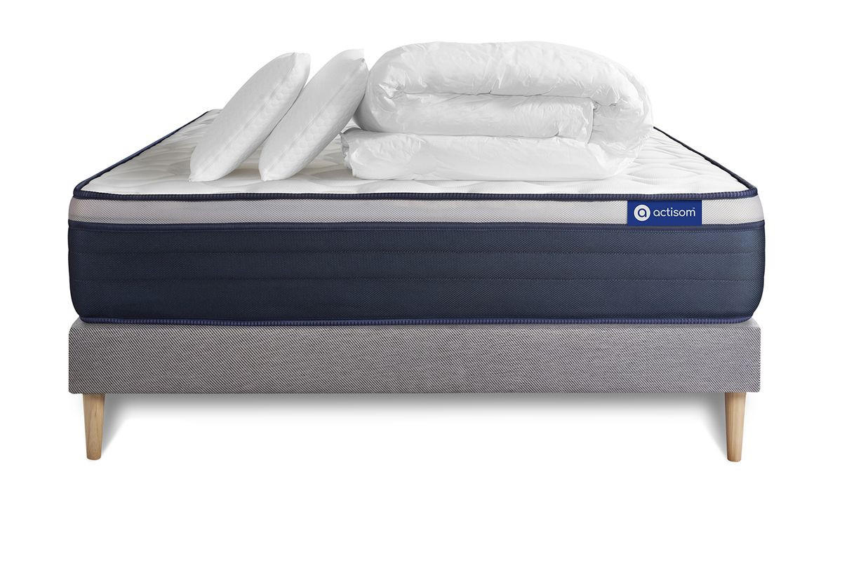 BETT Actiflex max Taschenfederkern und Memory-Schaum 180 x 200 cm h3 - Kit Bettgestell Grau - Mit Kissen und Bettdecke - Beige/Grau, Karton/Holz (180/200cm) - ACTISOM
