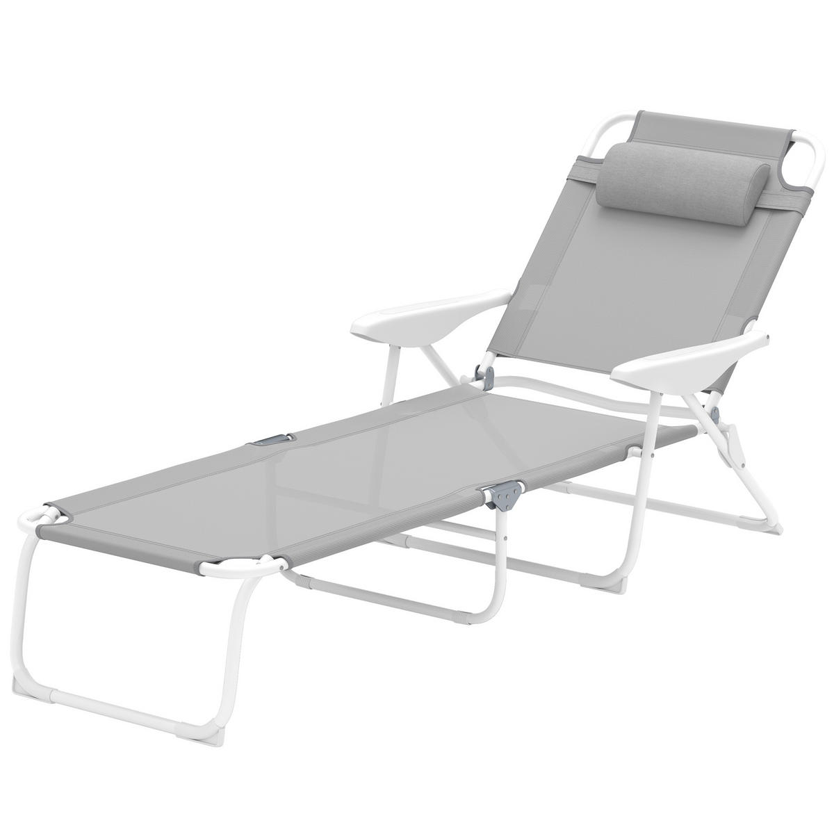 SONNENLIEGE klappbar Gartenliege mit Kopfkissen, Liegestuhl mit 4-Fach verstellbare Rückenlehne bis 120 kg Hellgrau - Hellgrau, Metall (160/98/66cm)