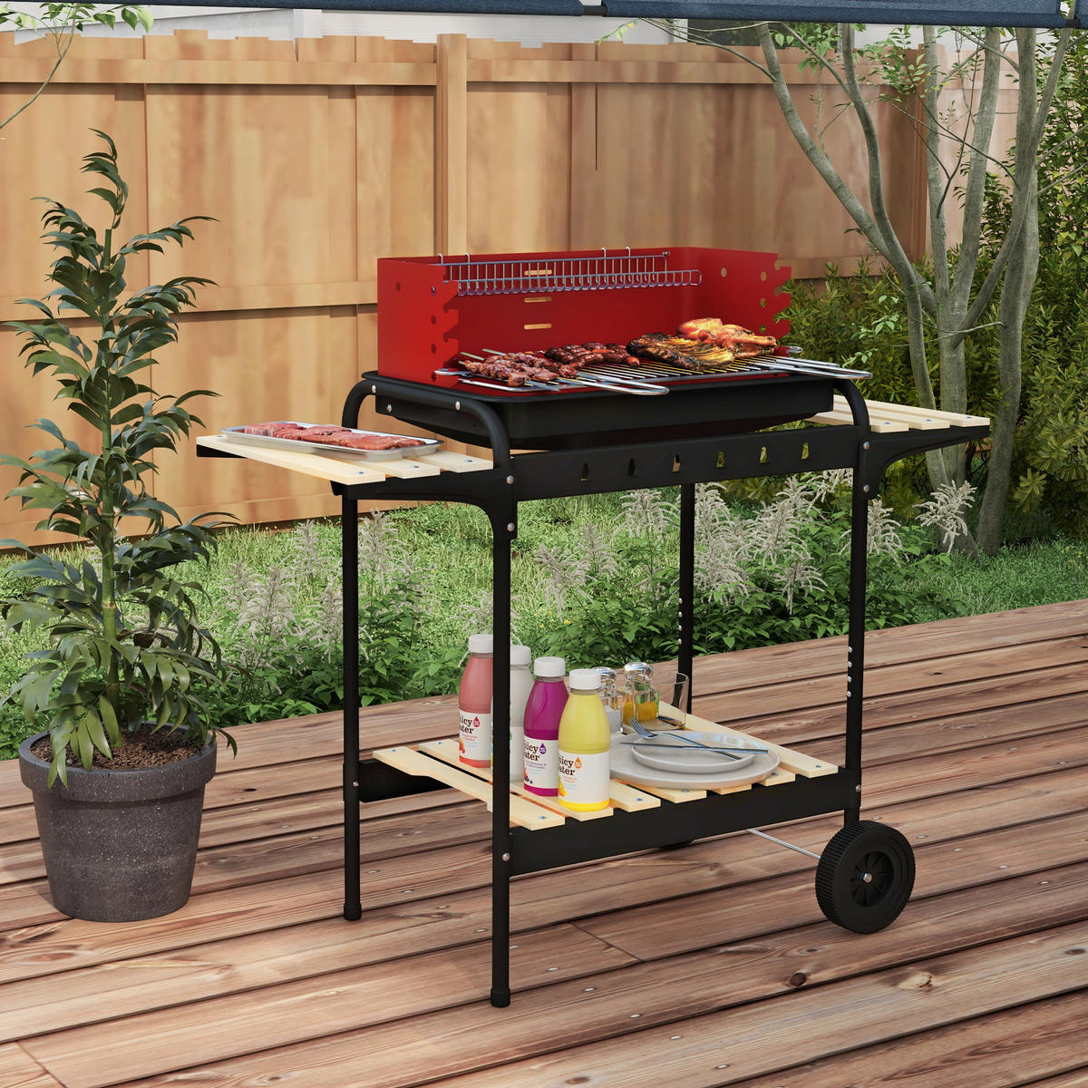 HOLZKOHLEGRILL aus Metall mit Räder - Rot, Metall (47/95/103cm) - Outsunny