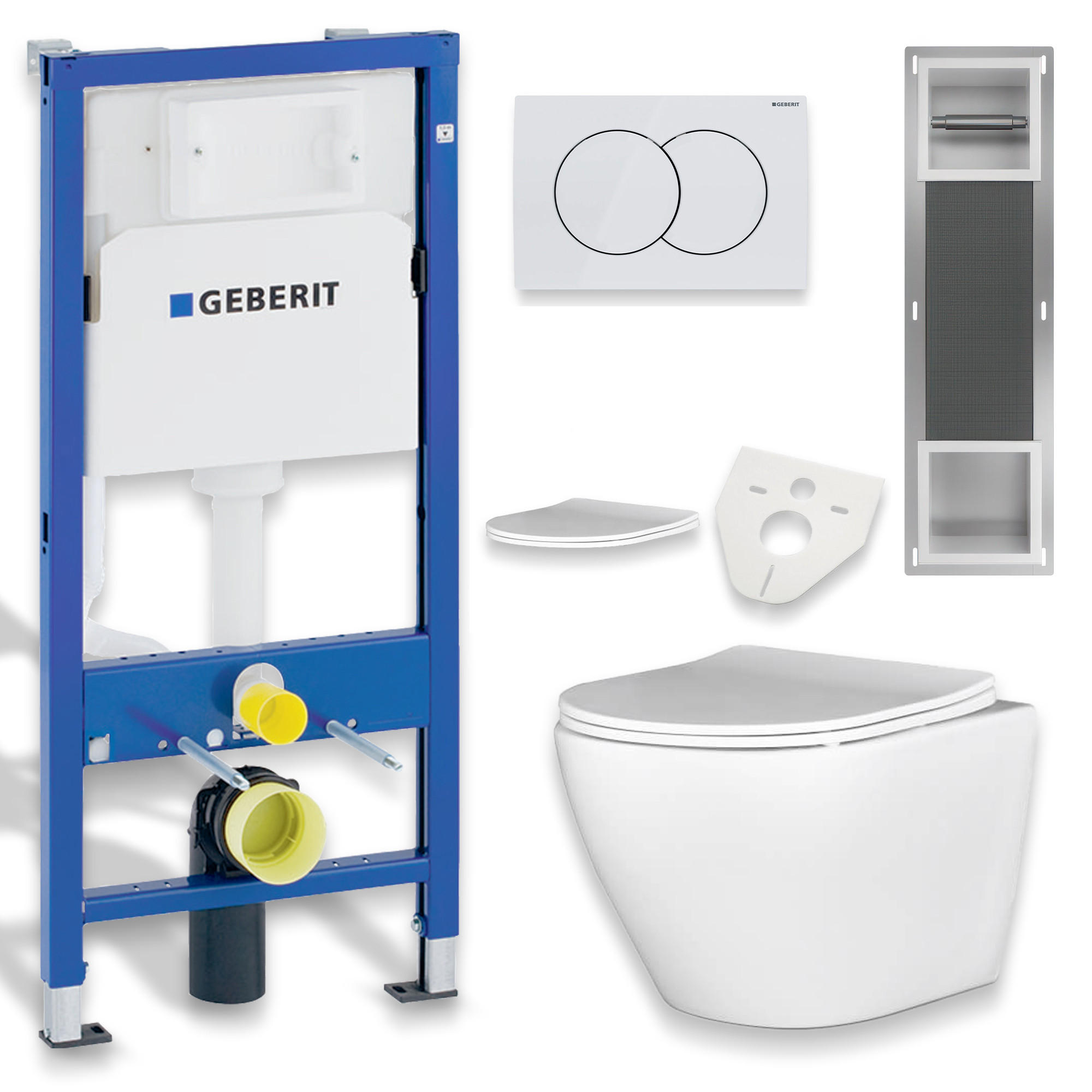 WAND-WC-SET Rolo Weiß, 6-teilig, Betätigungsplatte Weiß, 53/61/114 cm - Weiß, Keramik (53/114/61cm) - bad land