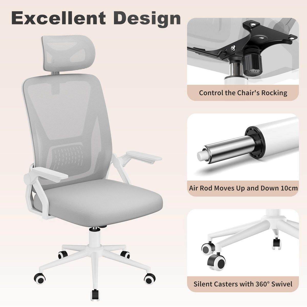 DREHSTUHL Webstoff Weiß-Grau ergonomisch klappbare Armlehnen - Grau, Kunststoff (24/48/53cm) - Rattrix