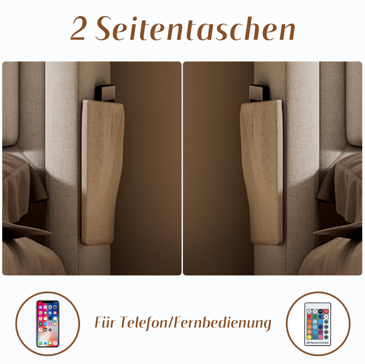ČALOUNĚNÁ postel 140/200 cm s LED osvětlením, nabíjením USB-C a úložnými zásuvkami, bavlna a kov, Béžová - béžová, textil (140/200cm) - Redom
