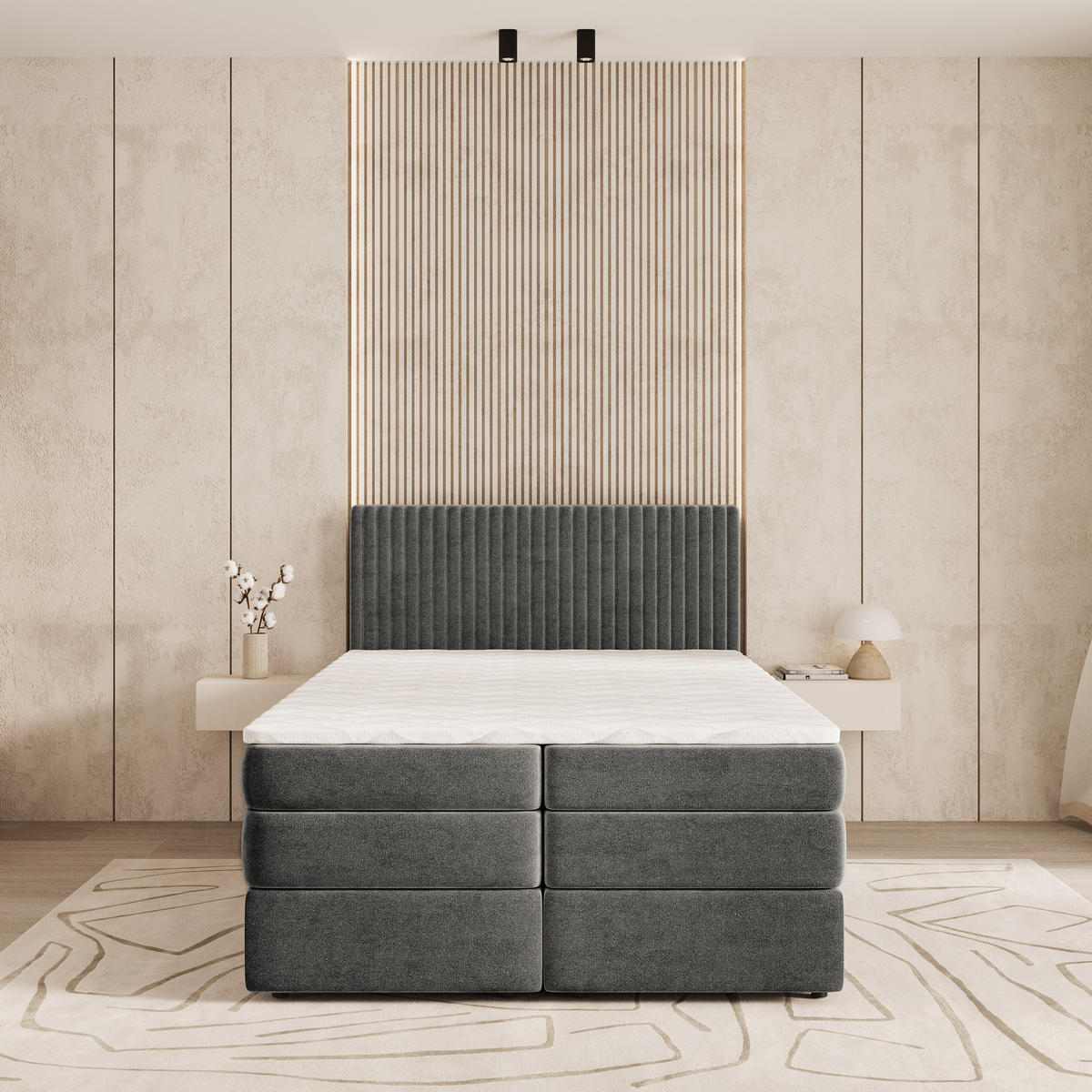 BOXSPRINGBETT FELBIO 160x200 cm mit Matratze und Topper - Grau - Grau, Holz (160/200cm) - MASSENO