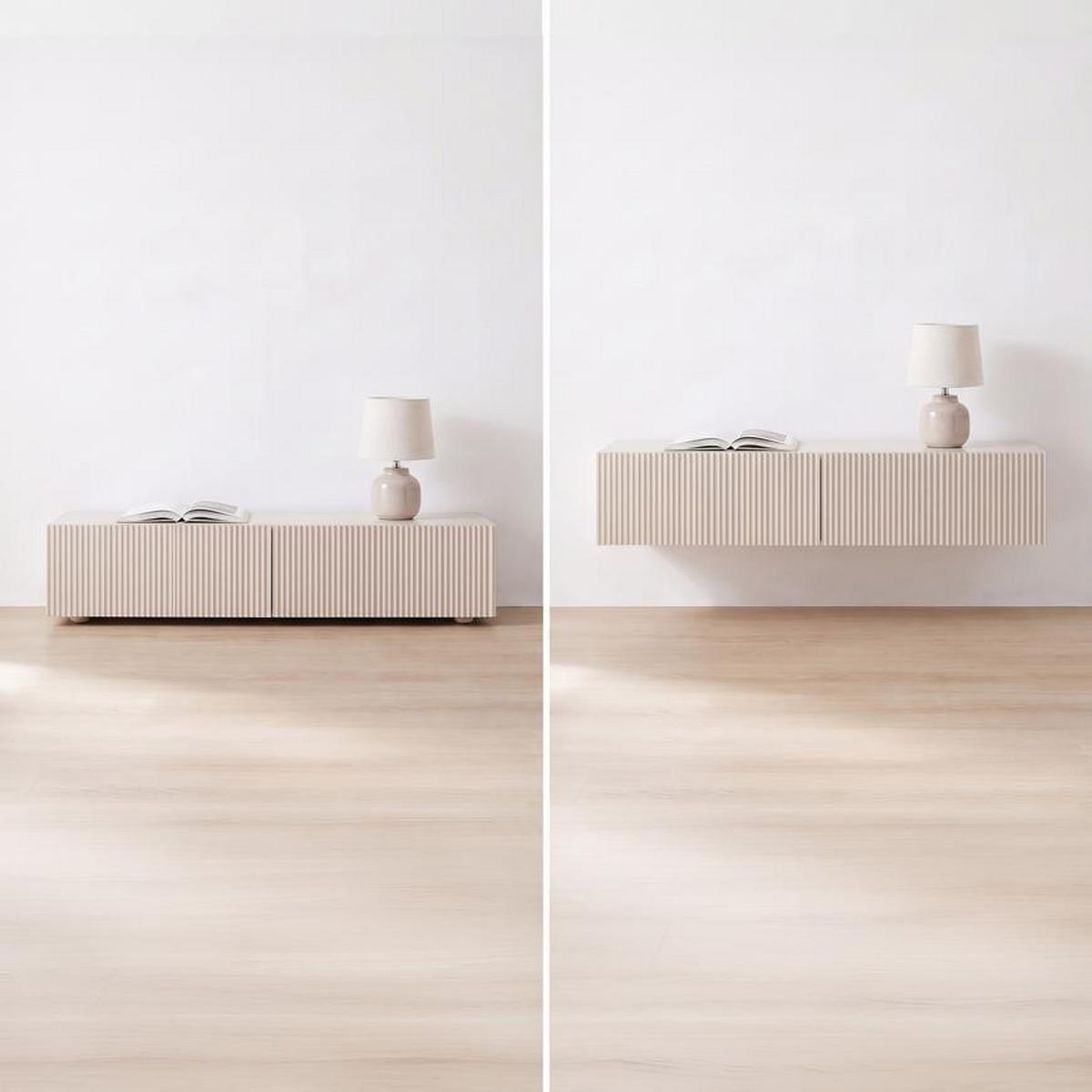 TV-MÖBEL 160 cm beiges, wandmontiertes mit Lattenrost - LEYA - Beige, Holzwerkstoff (160/29/32cm) - Sicaan