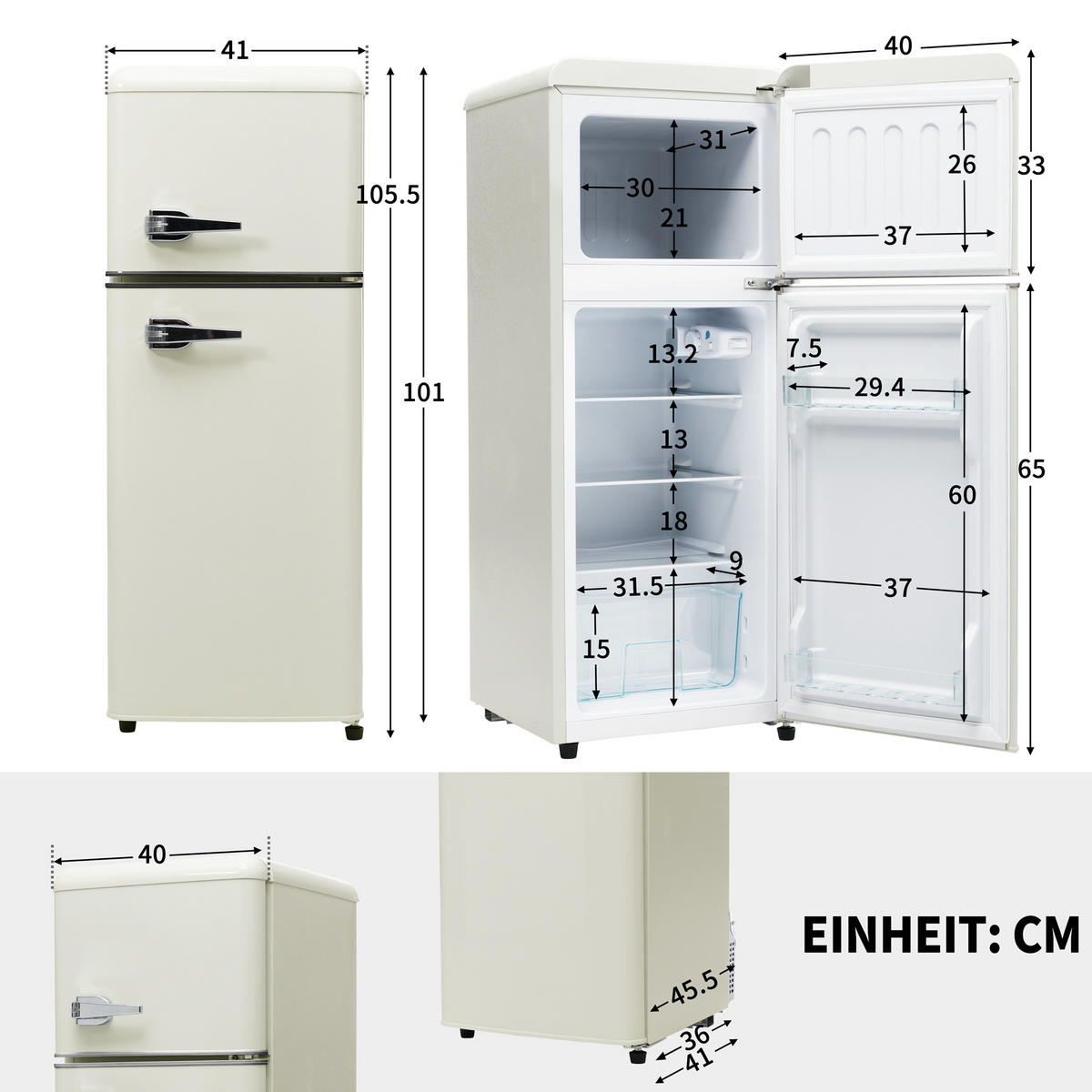 KUHLSCHRANK 41/45.5/105.5 cm Antikweiß mit 92 Liter Gesamtvolumen und LED-Licht - Weiß, Kunststoff (45.5/105.5/41cm) - Oxeza