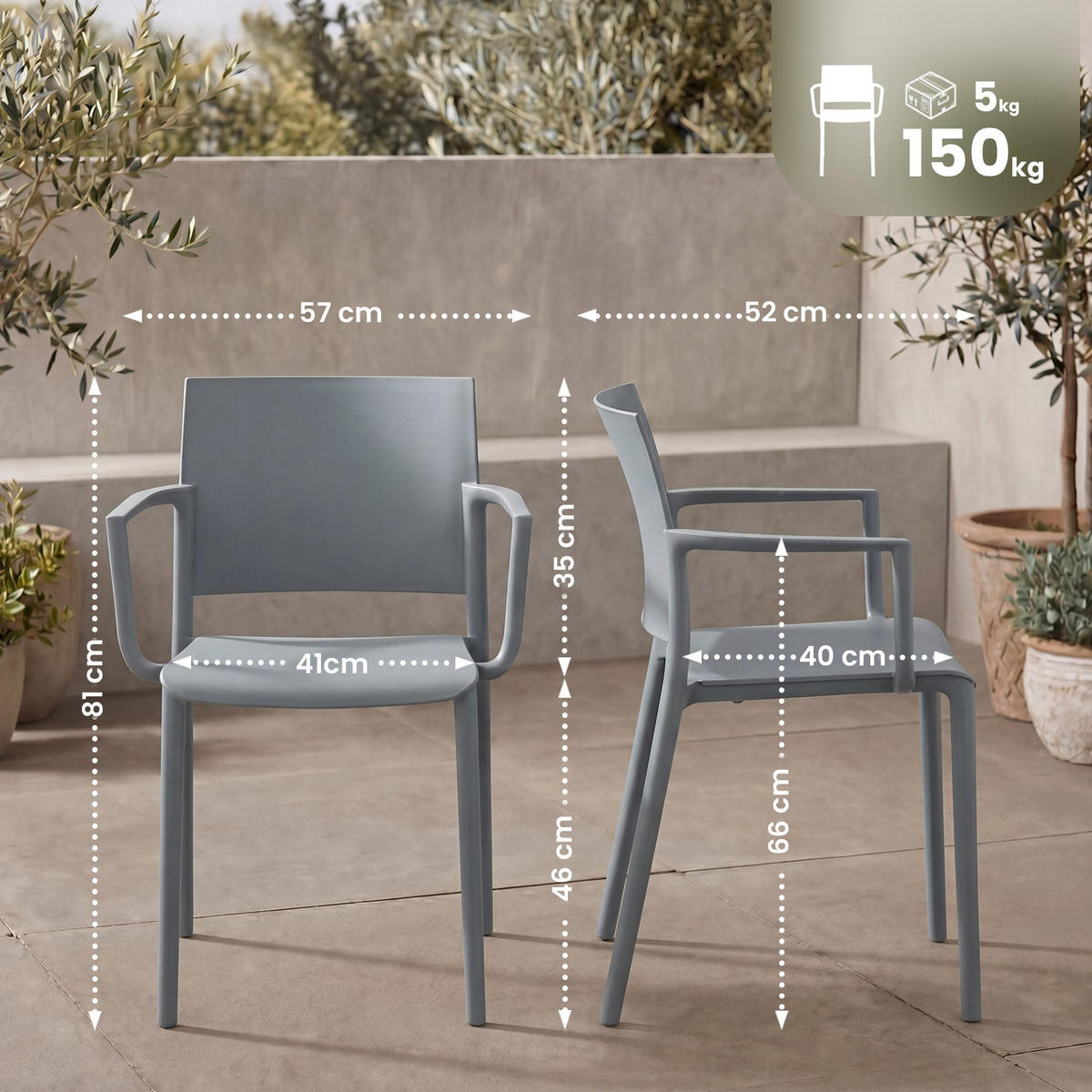 GARTENSTUHL Kunststoff Grau - Grau, Kunststoff (57/81/52cm) - CLP