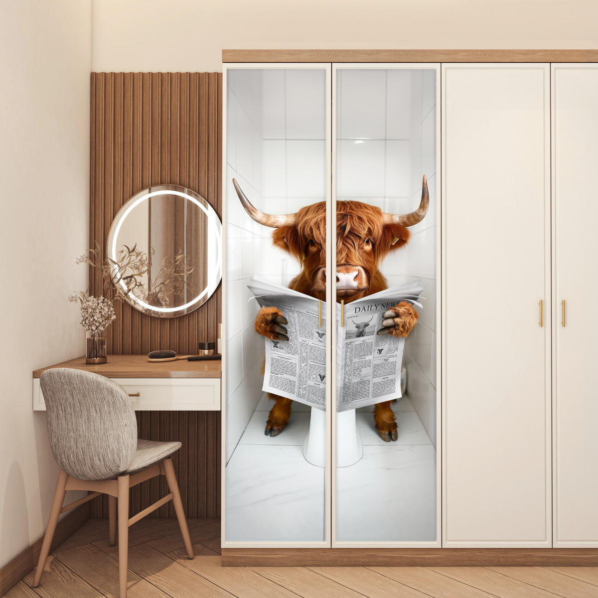 FOTOTAPETE Tür - Schottisches Hochlandrind - Zeitung - WC - Tier 80x205 cm - Weiß, Kunststoff (80/0.1cm) - MuchoWow