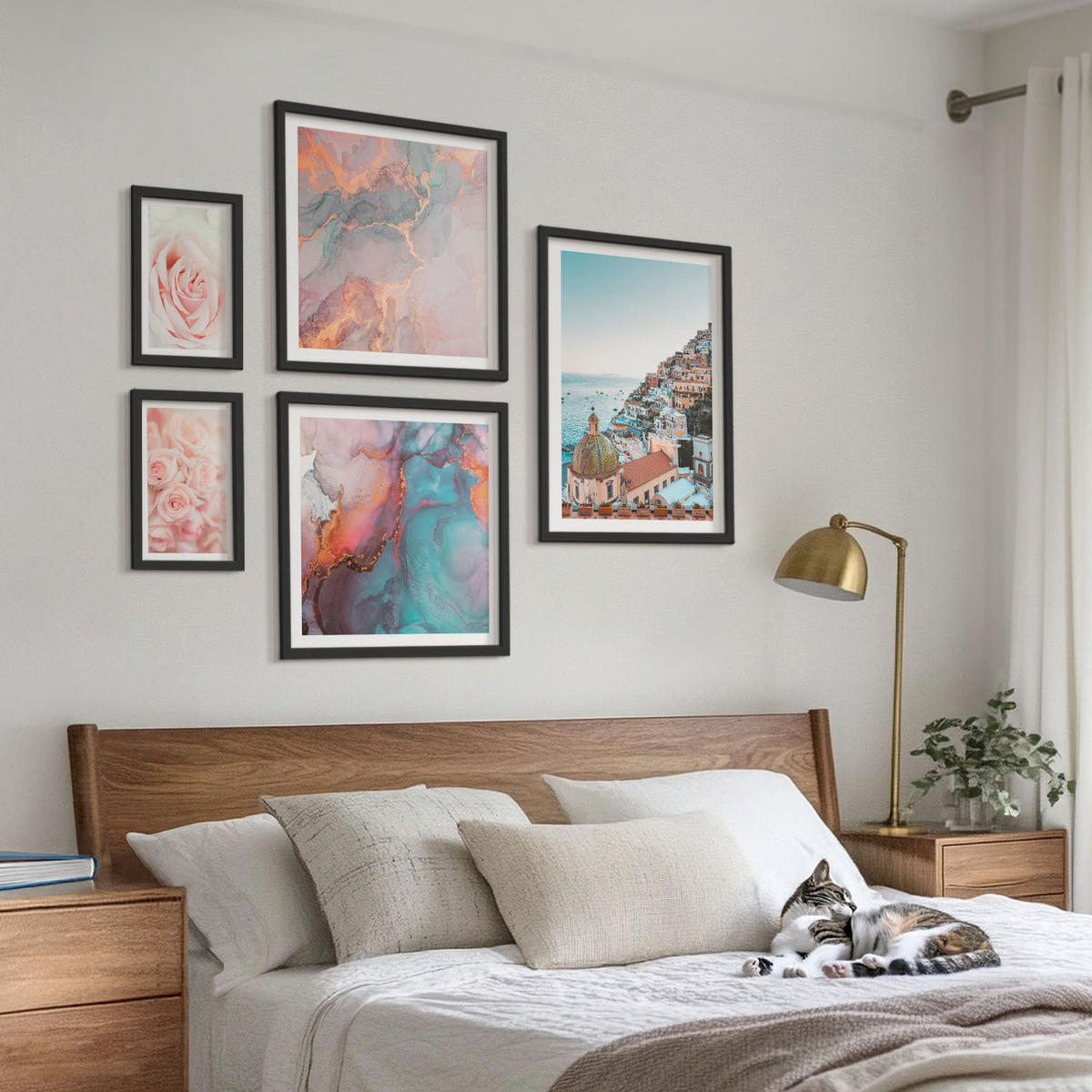 BILDER SET 5er Set - 50x50 cm & 20x30 cm & 40x60 cm Schwarzer Rahmen - Abstrakte Pastellmuster - Schwarz, Kunststoff (40/60cm) - TULUP