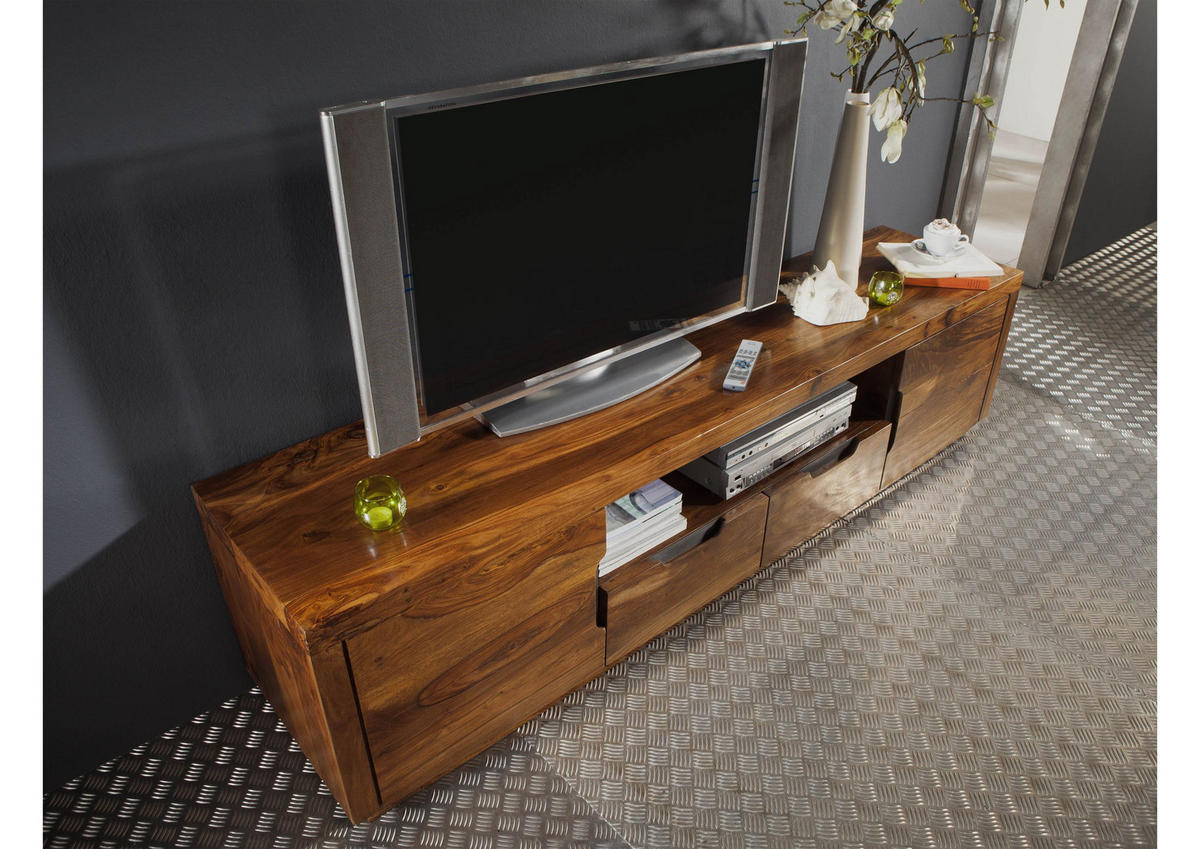 TV-BOARD Sheesham 200x45x50 walnuss lackiert DUKE #123 - Dunkelbraun, Holz (200/50/45cm) - Massivmoebel24
