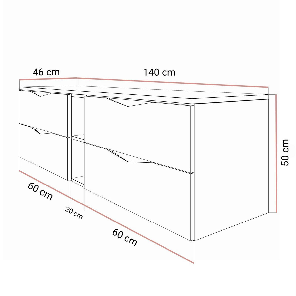 WASCHTISCHUNTERSCHRANK MIRA III 140 cm - Kaschmir, Holzwerkstoff (140/50/46cm) - Lookway