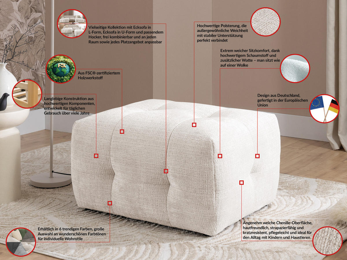 ECKSOFA inkl. Hocker Kozy im Bumpy-Design mit Schlaffunktion und fester Rückenlehne aus weichem Beige Chenille-Stoff - Ottomane links - Beige/Creme, Holz/Kunststoff (161/234cm) - S-Style Möbel