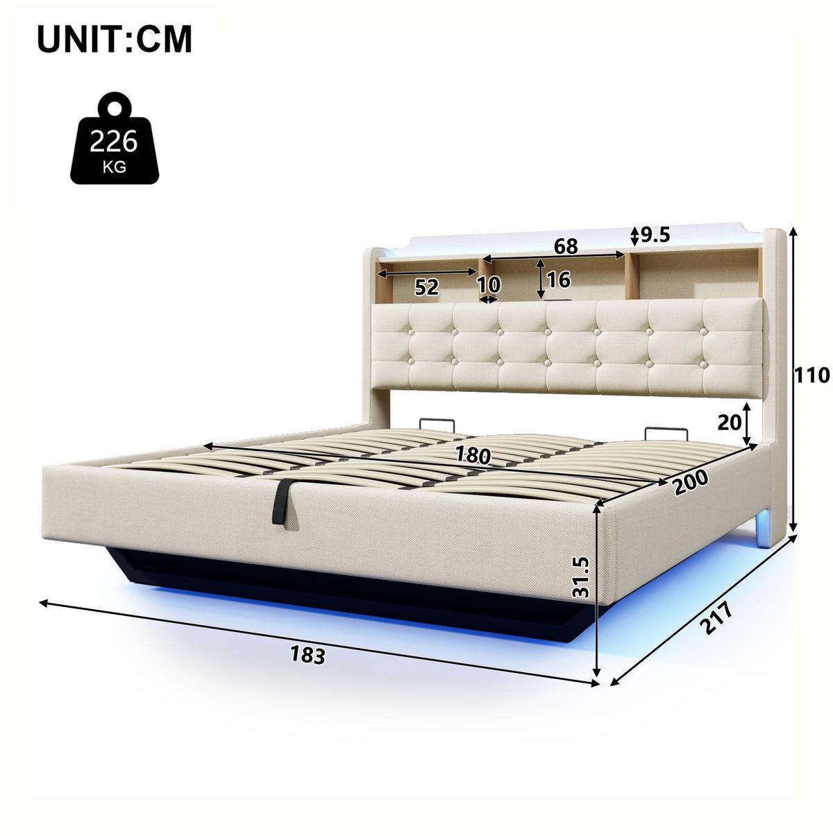 POLSTERBETT 180x200 cm in Beige mit LED, hydraulischem Stauraum und USB-C - Beige, Textil (180/200cm) - IVMEU