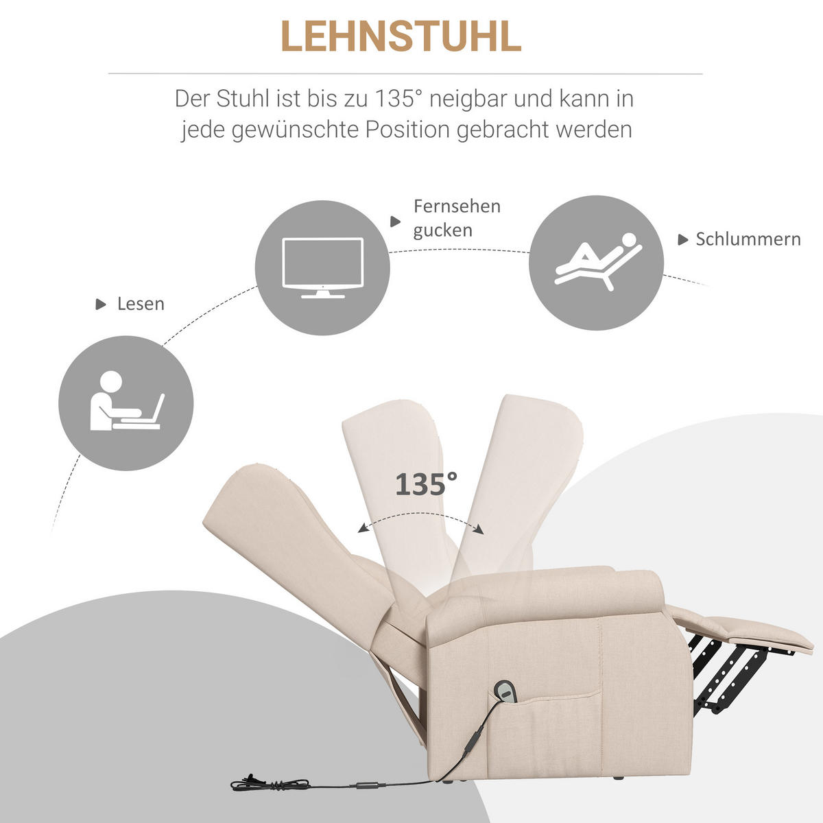 FERNSEHSESSEL mit Aufstehhilfe Leinen Cremeweiß - Creme/Schwarz, Holz/Textil (94/111/74cm) - HOMCOM