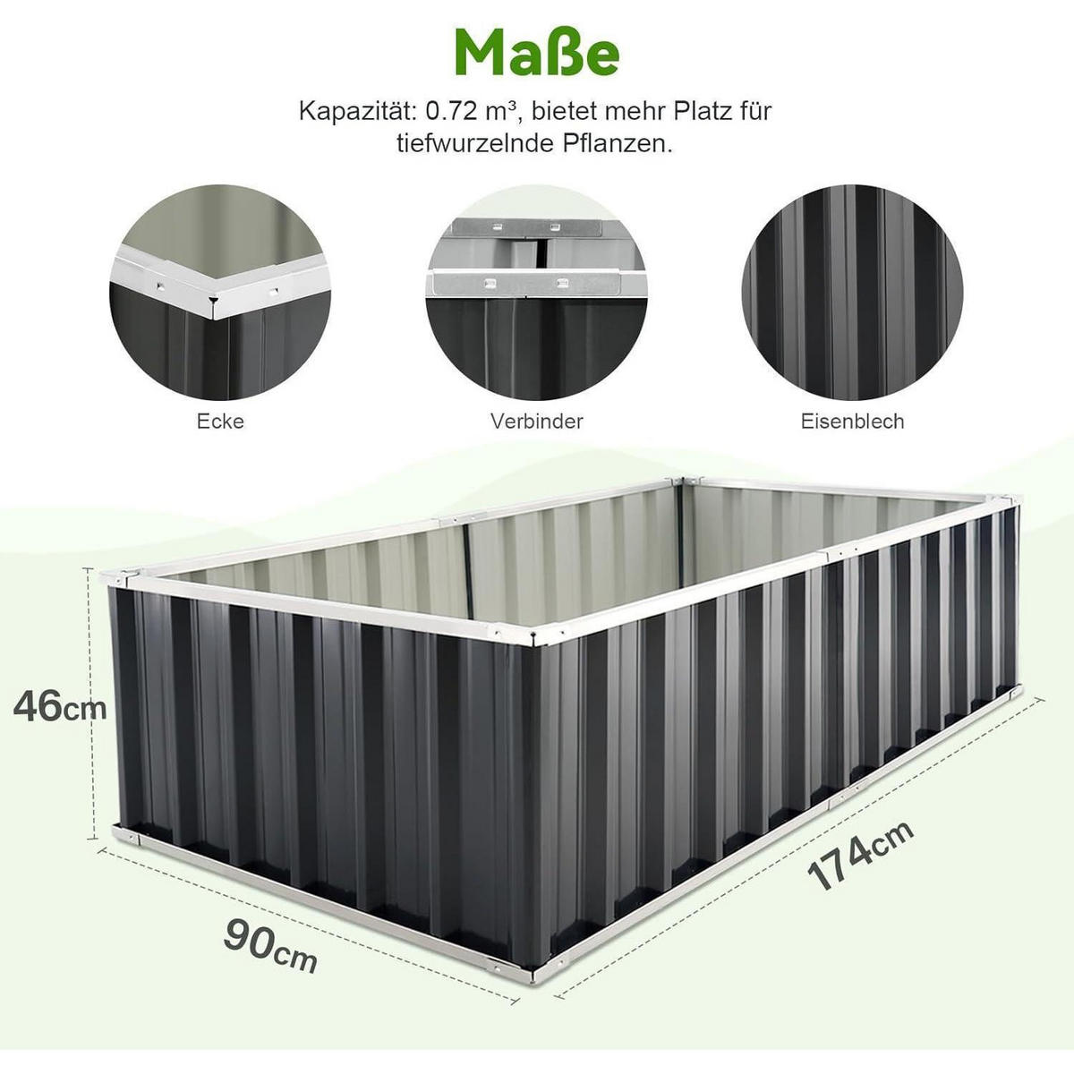 HOCHBEET 174 x 90 x 46 cm verzinkter Stahl Grau - Schwarz, Metall (91.4/45.7/172.7cm)