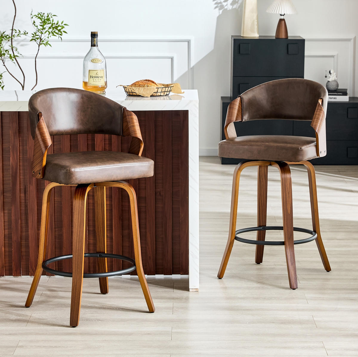2ER-SET BARHOCKER mit Rückenlehne Braun Holz PU-Leder 95 cm - Braun, Holz (42/95/51cm) - Meubliv