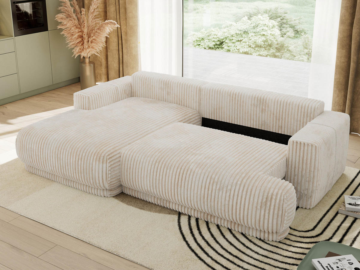 ECKSCHLAFSOFA RINA L Beige Cord - links - Beige/Schwarz, Kunststoff/Textil (266/172cm) - MKS