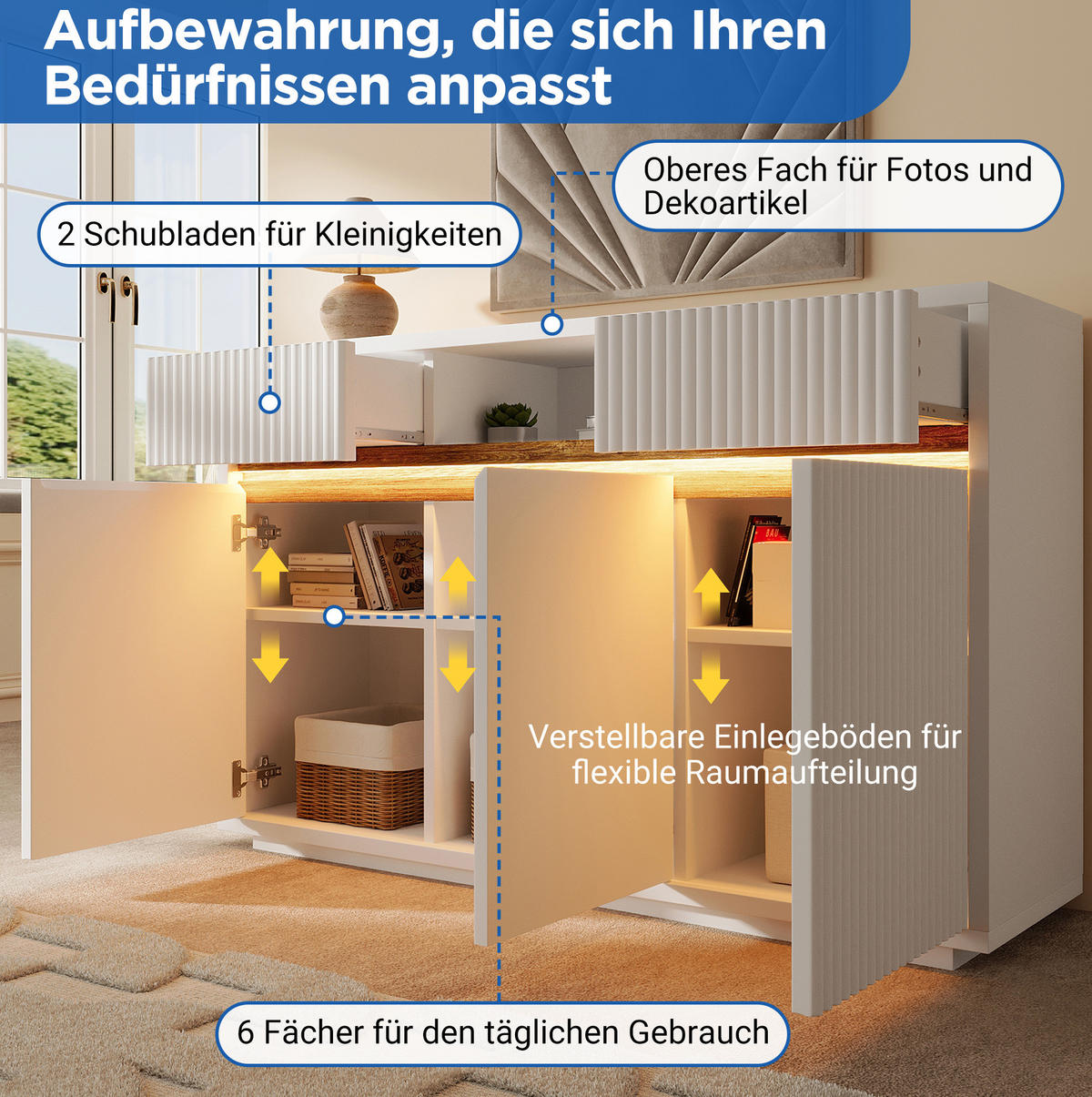 SIDEBOARD aus MDF und Spanplatte 140x40x85 cm Weiß mit LED-Beleuchtung, 2 Schubladen und verstellbaren Einlegeböden - Weiß, Holzwerkstoff (140/85/40cm) - Modfu