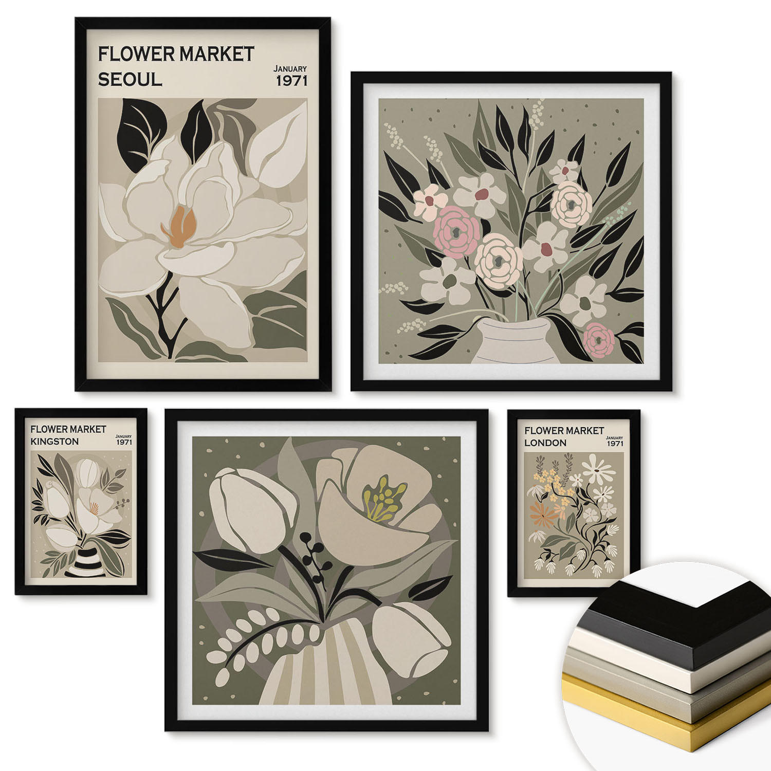WANDBILDER 5er-Set - 50x50 cm & 20x30 cm & 40x60 cm Schwarzer Rahmen - Retro-Blumen aus Städten rund um die Welt - Schwarz, Kunststoff (40/60cm) - ArtPrintCave
