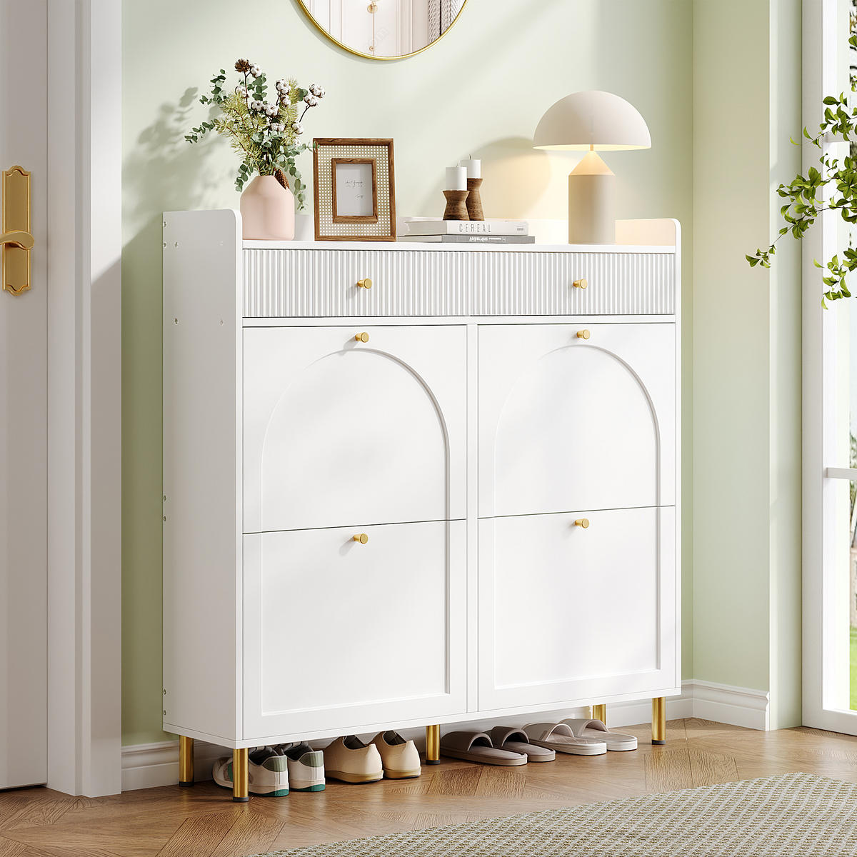 SCHUHSCHRANK schmal 4 Türen Weiß 106.5x25x105.5cm - Weiß, Holzwerkstoff (25/105.5/106.5cm) - FLIEKS