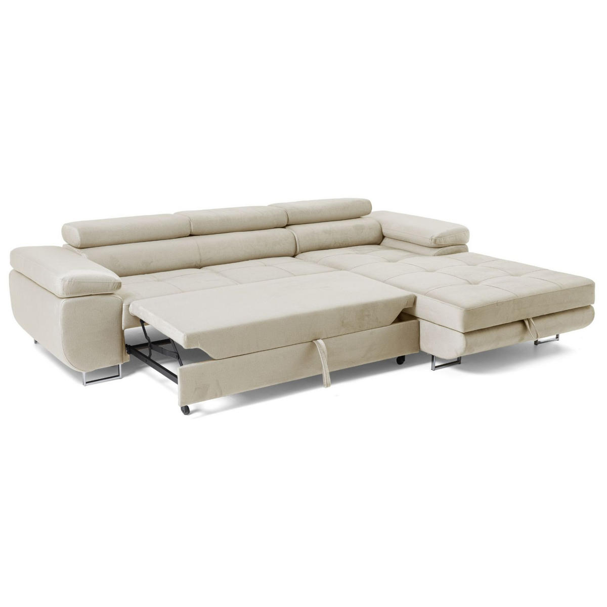 ECKSOFA ALONZO L Rechts mit Schlaffunktion 125x195 Velours Beige - Beige/Silberfarben, Holz/Textil (203/275cm) - Muffo