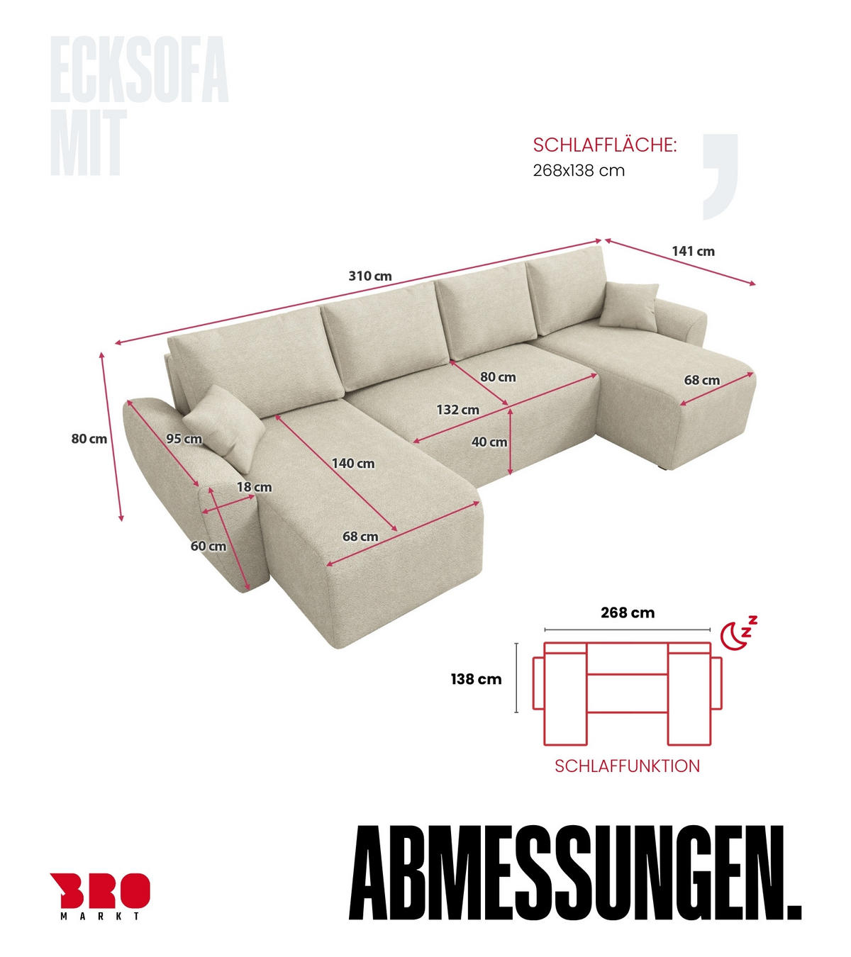 WOHLANDSCHAFT Rotterdam U mit Schlaffunktion Beige Bouclé - Beige, Textil (310/80/141cm) - Bromarkt