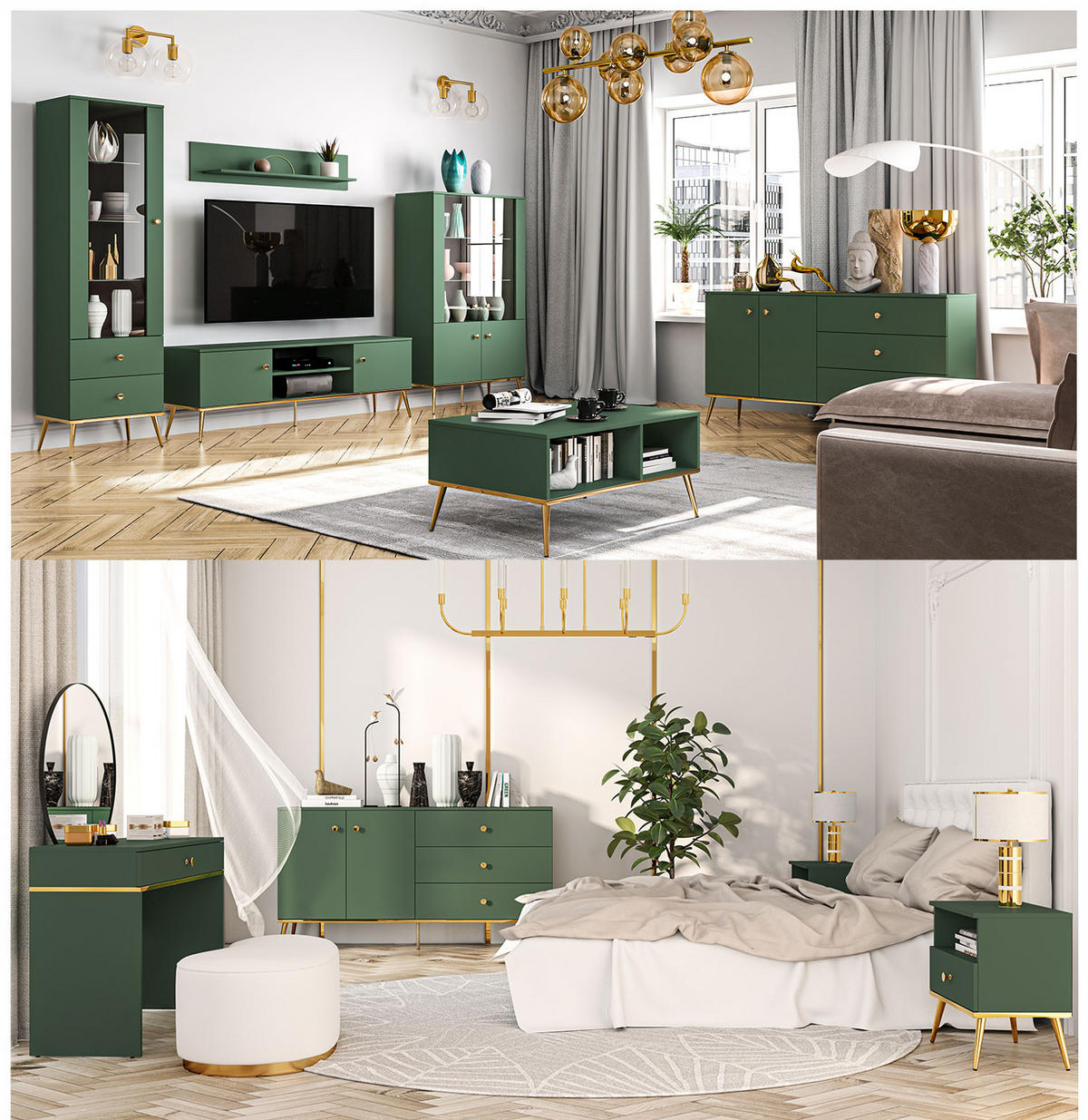 SIDEBOARD Forest dunkelgrün / gold 120 / 40 / 85cm - Grün, Holz/Holzwerkstoff (120/85/45cm) - Feldmann-Wohnen