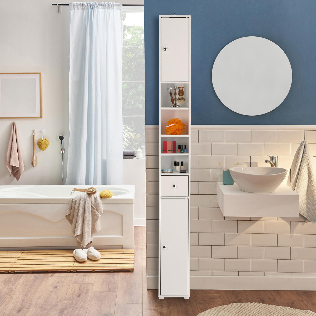 BADEZIMMERSCHRANK - Naturfarben/Weiß, Holzwerkstoff/Kunststoff (20/180/20cm) - Relaxdays