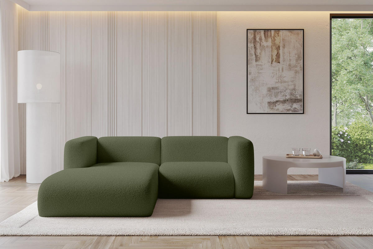 ECKSOFA Ottomane Links MIRA-L1 227x179x89 Grün Bouclé - Schwarz/Olivgrün, Holzwerkstoff/Kunststoff (227/179cm) - ALTDECOR