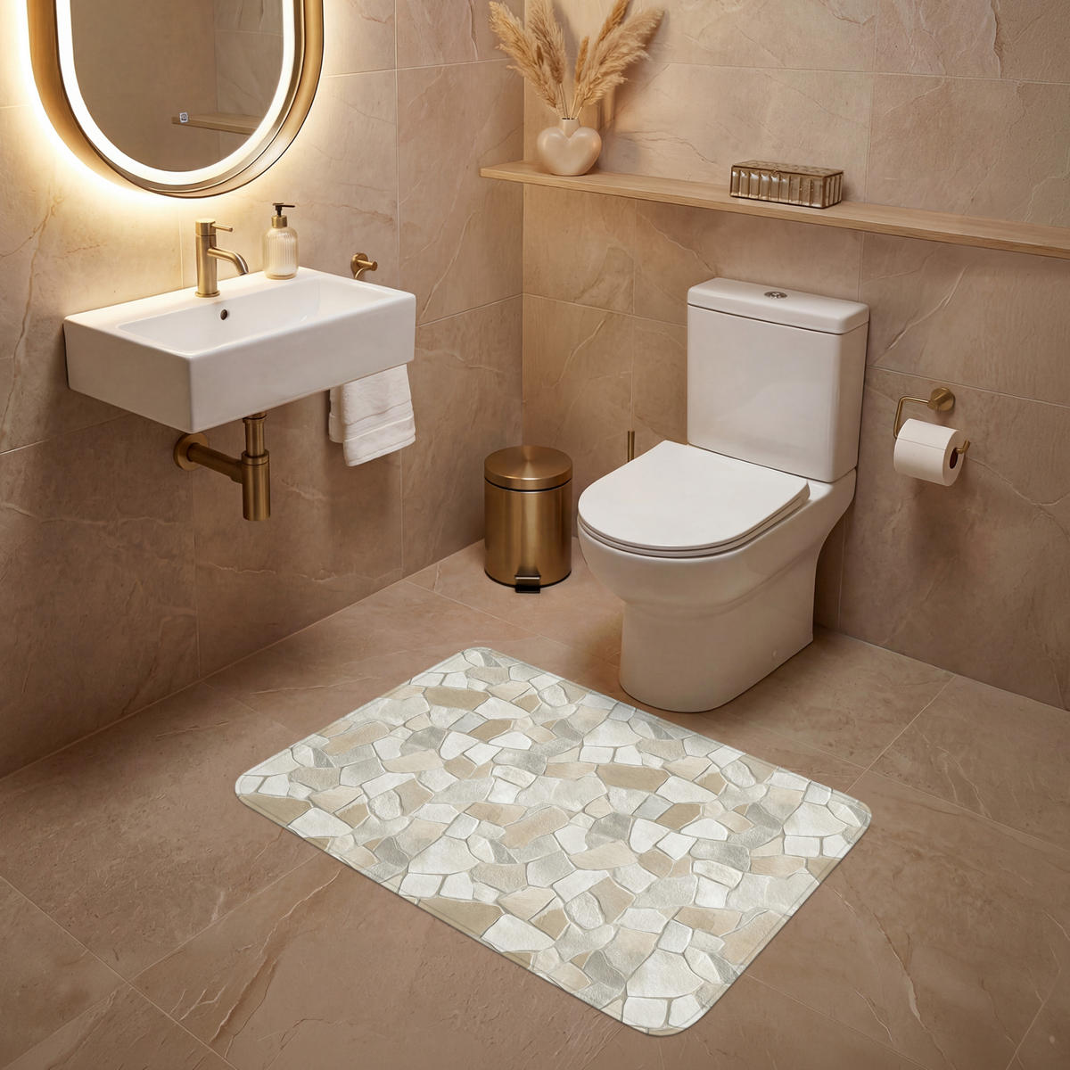 WC-VORLEGER Mosaik - Steine - Beige Toilettenteppich 90x60 cm - Beige, Kunststoff/Textil (90/1cm) - OnlyWow