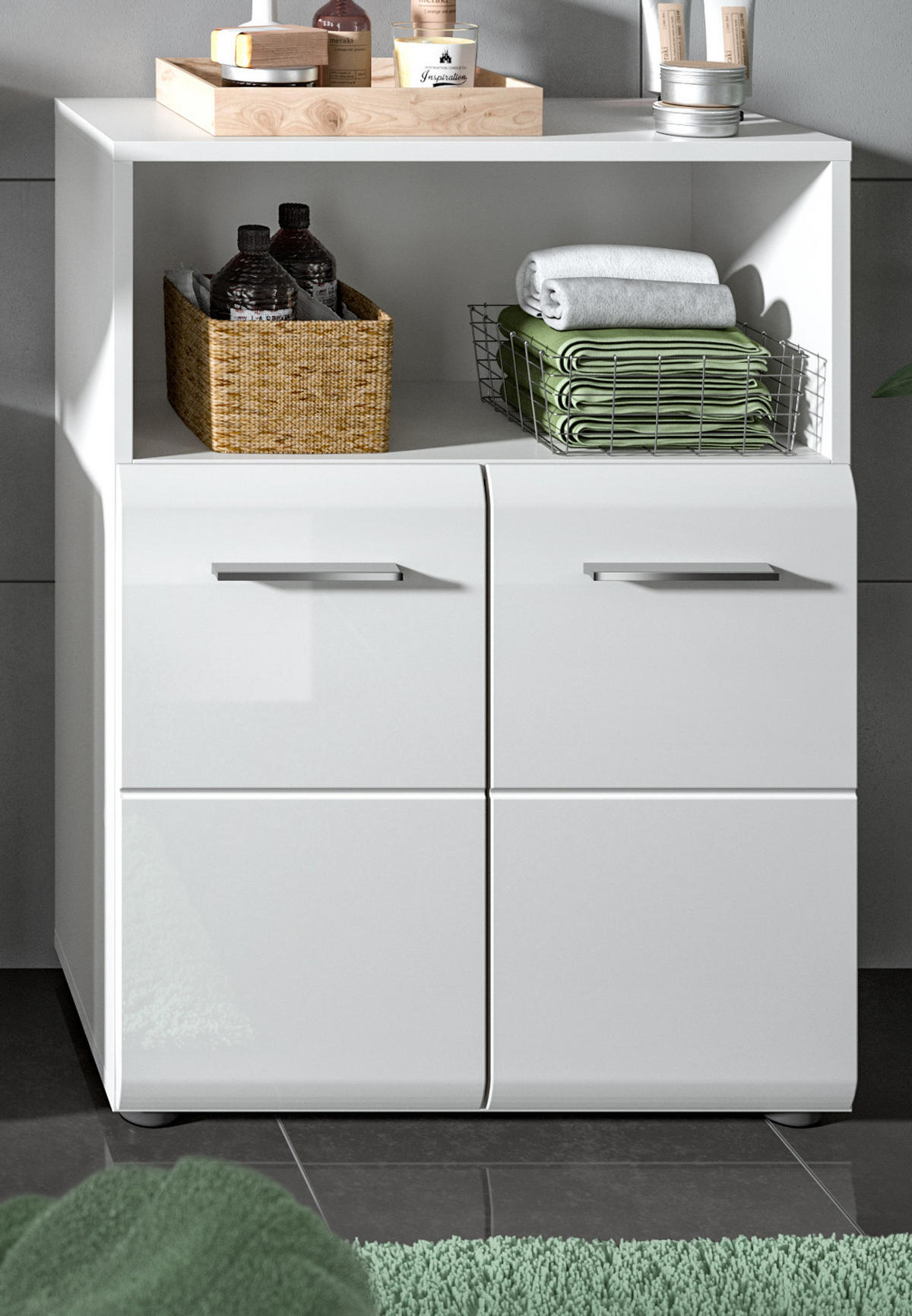 BADKOMMODE weiß Hochglanz, Badezimmer Kommode 60 x 80 cm - Weiß Hochglanz/Silberfarben, Holzwerkstoff/Kunststoff (60/80/30cm) - Inn.Furn