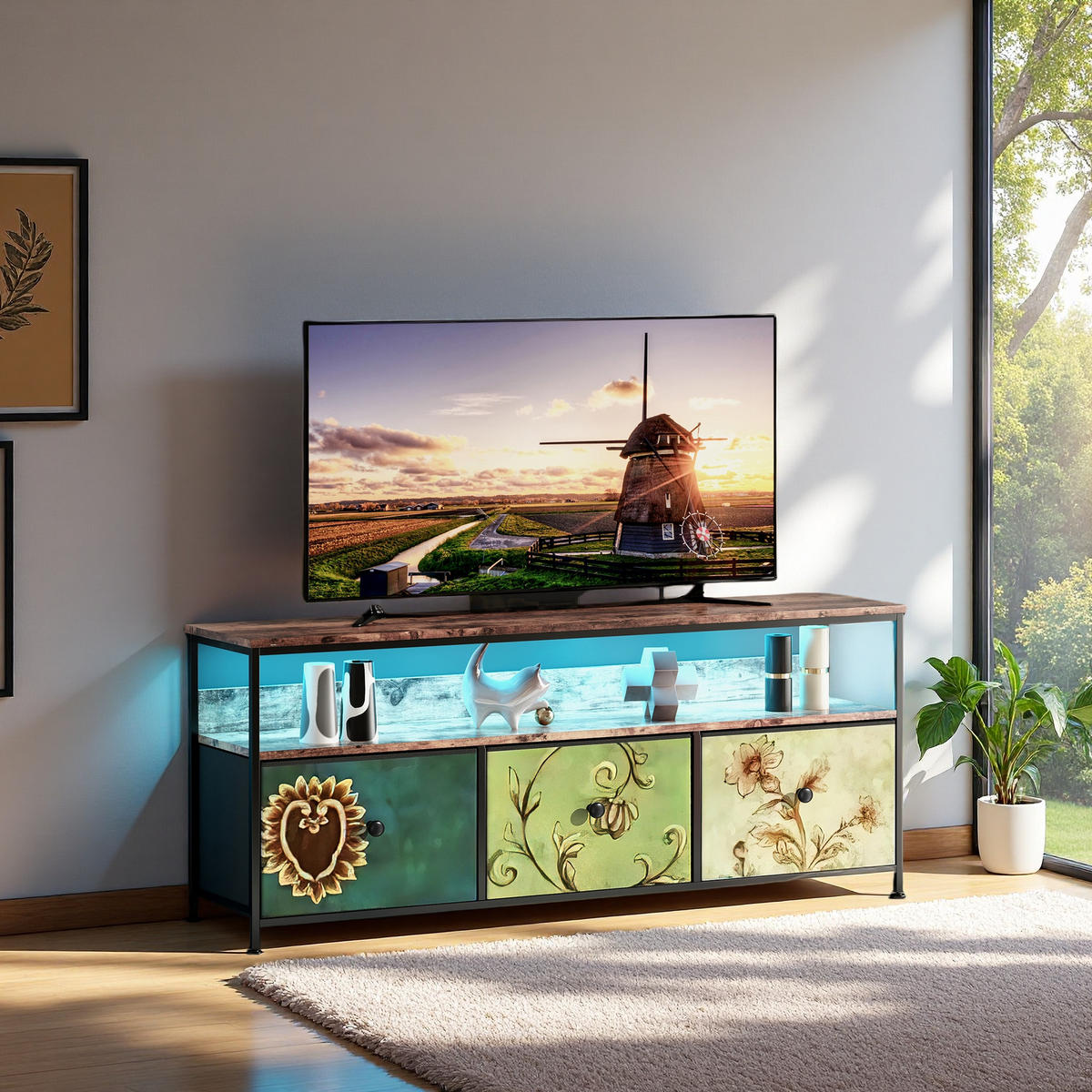 TV-SCHRANK Tigermaser-Optik mit LED-Licht & 4 bunten Stoffschubladen - Multicolor, Holzwerkstoff (29.8/57/137cm) - SHOPENTRA