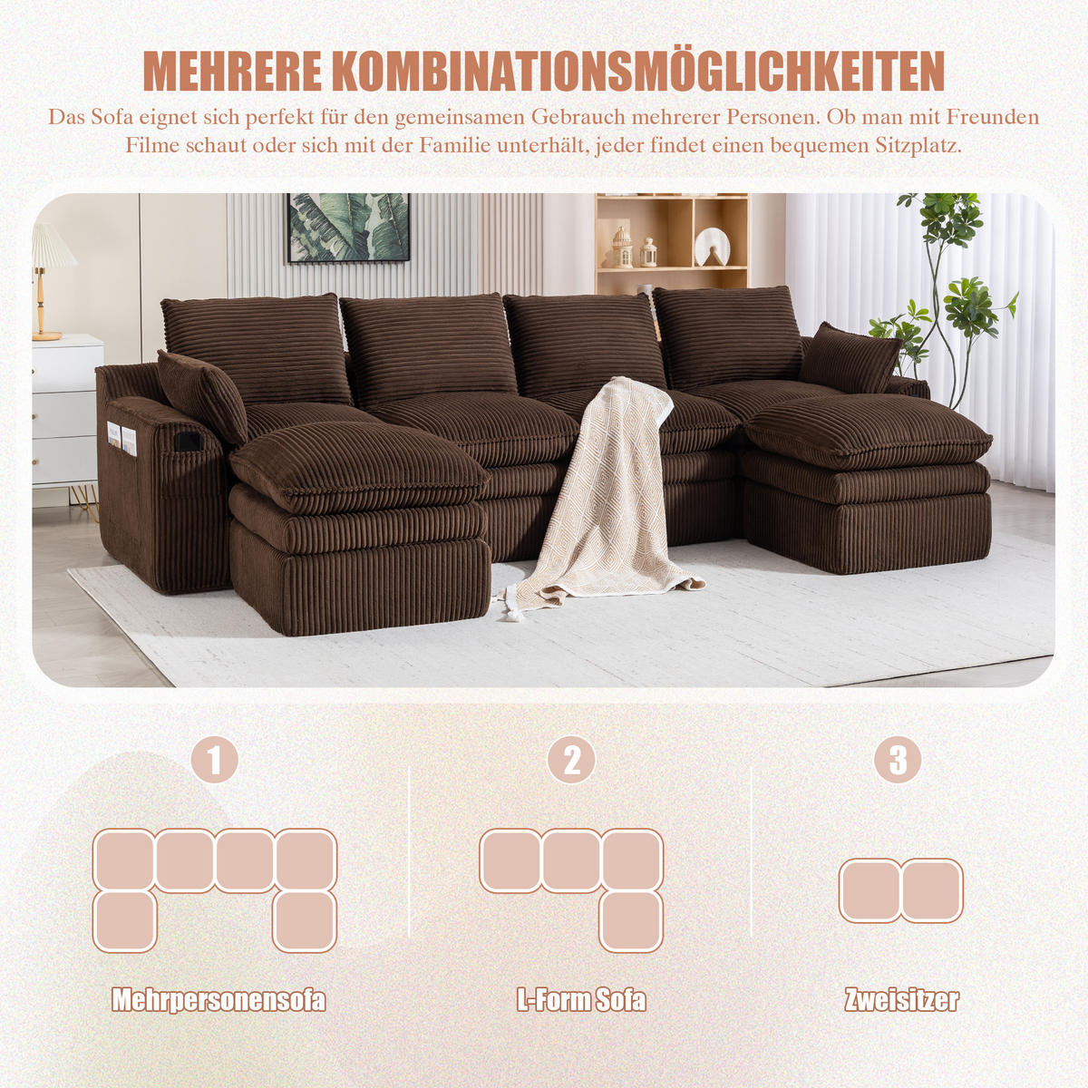 WOHNLANDSCHAFT Cord Braun mit Kissen, Seitentaschen und Hocker - Braun, Textil (335/85/167cm) - WISHDOR