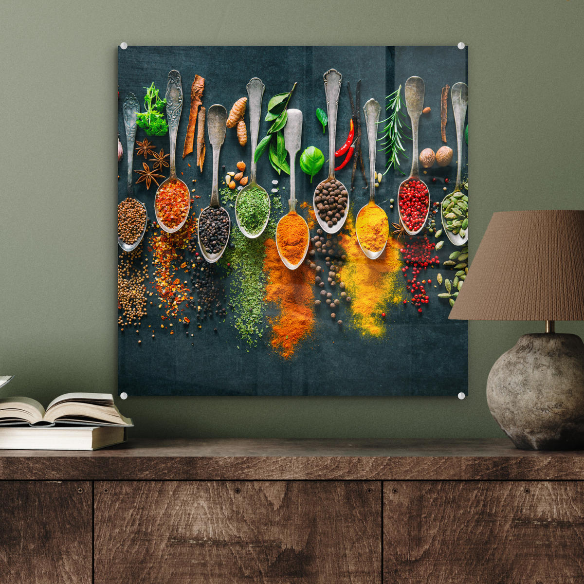 OBRAZ NA AKRYLOVOM SKLE Bylinky - korenie - lyžičky 50x50 cm - kari žltá, sklo (50/50cm) - MuchoWow
