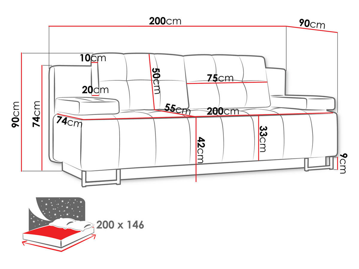 SCHLAFSOFA Morena D - Schwarz/Dunkelblau, Holz/Textil (200/90/90cm) - MIRJAN24