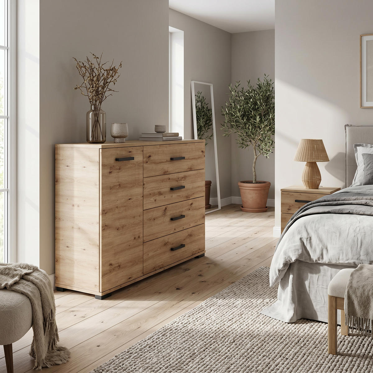 KOMMODE ALBANO 120/83/40cm mit 4 Schubladen 1 Türen Eiche Artisan - Eiche Artisan, Holzwerkstoff (120/83/40cm) - MASSENO