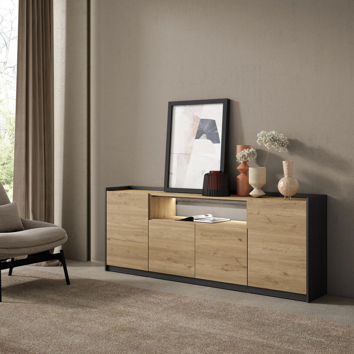 SIDEBOARD, Eiche und Schwarz, 207/37/80cm, mit Led - Eichefarben, Holzwerkstoff (207/80/37cm) - Skraut Home