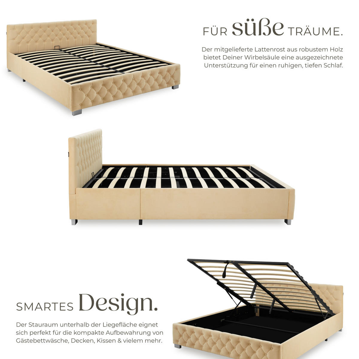 POLSTERBETT Daytona,großer Stauraum,beige - Beige, Holz (180/200cm) - tectake