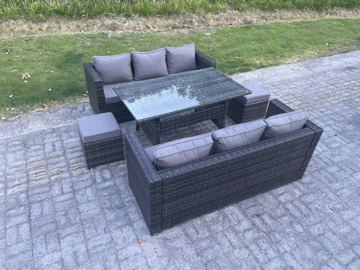 LOUNGEGARNITUR mit Fußschemel Polyrattan Dunkelgrau 8-Sitzer - Dunkelgrau/Grau, Glas/Kunststoff - Fimous