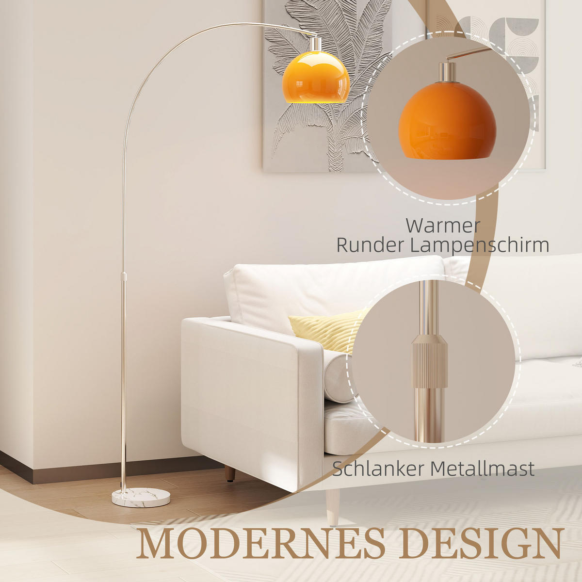 STEHLAMPE im Bogen Design mit Marmorsockel, dimmbar Leuchte - Orange, Metall (90/26/180cm) - HOMCOM
