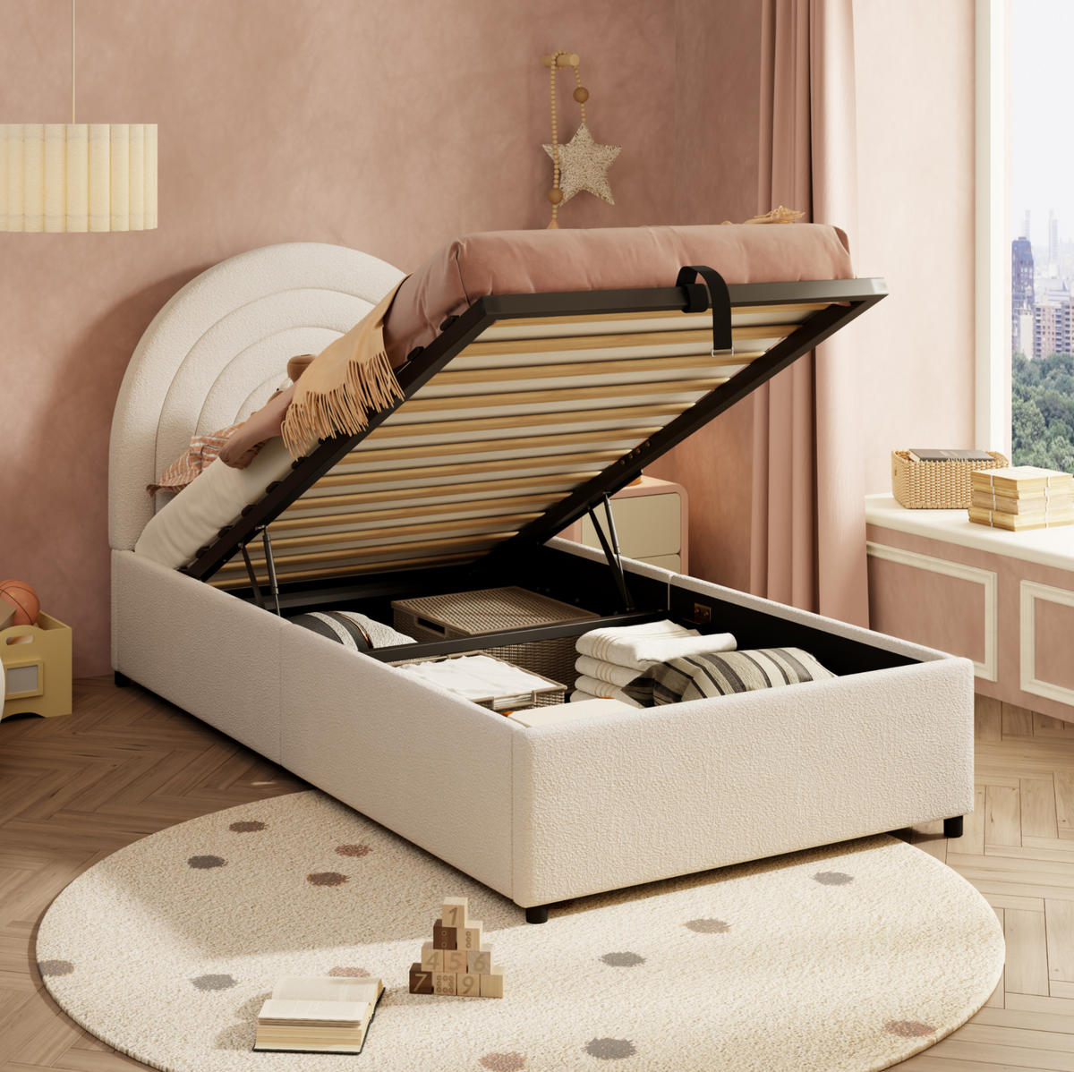 POLSTERBETT 90/200 cm mit hydraulischem Stauraum, eingebettetem Matratzenbereich und Bouclé-Bezug, Beige - Beige, Textil (90/200cm) - Redom