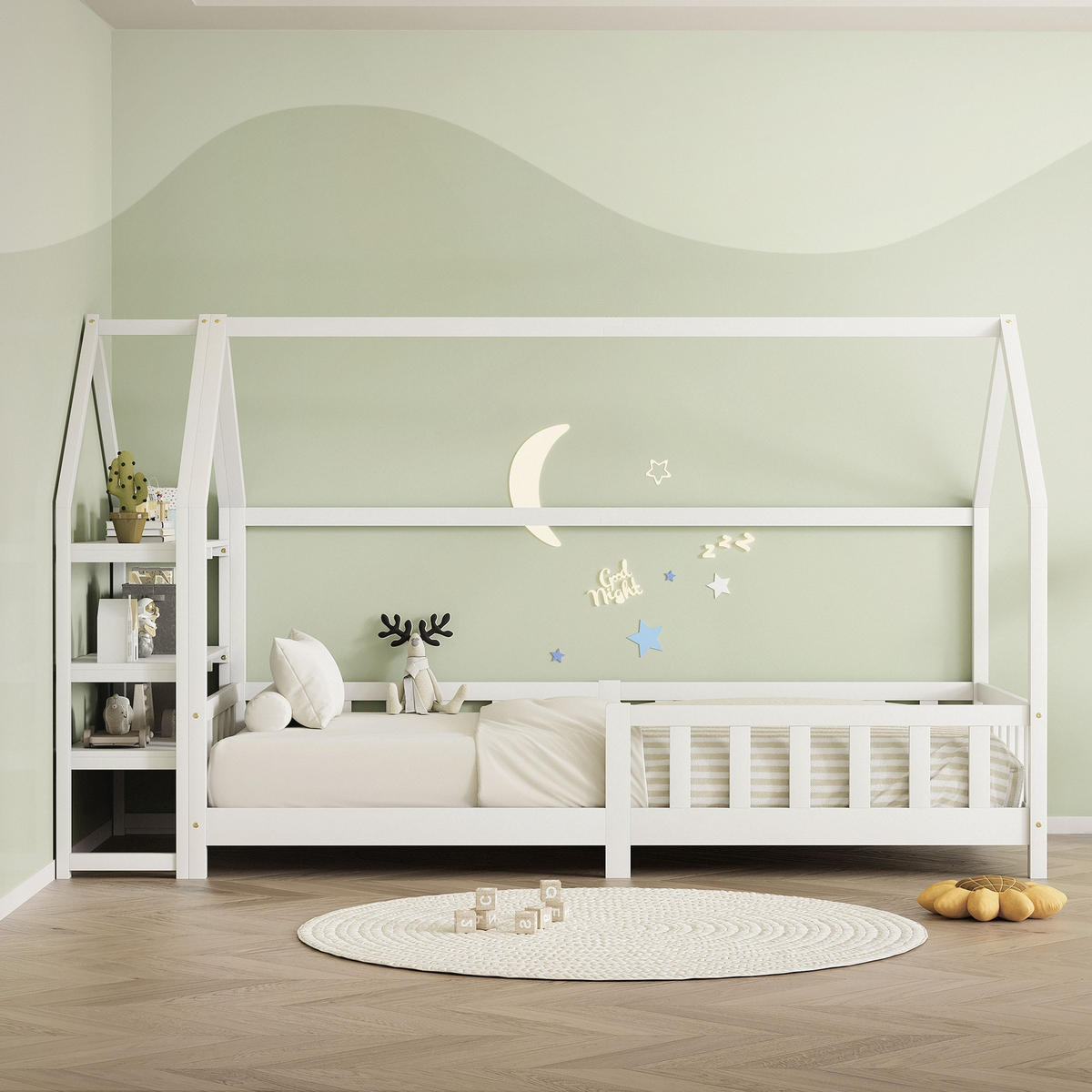 DĚTSKÁ postel 90 x 200 cm s matrací a policí, bílá, z borového dřeva - bílá, dřevo (90/200cm) - ML-DESIGN